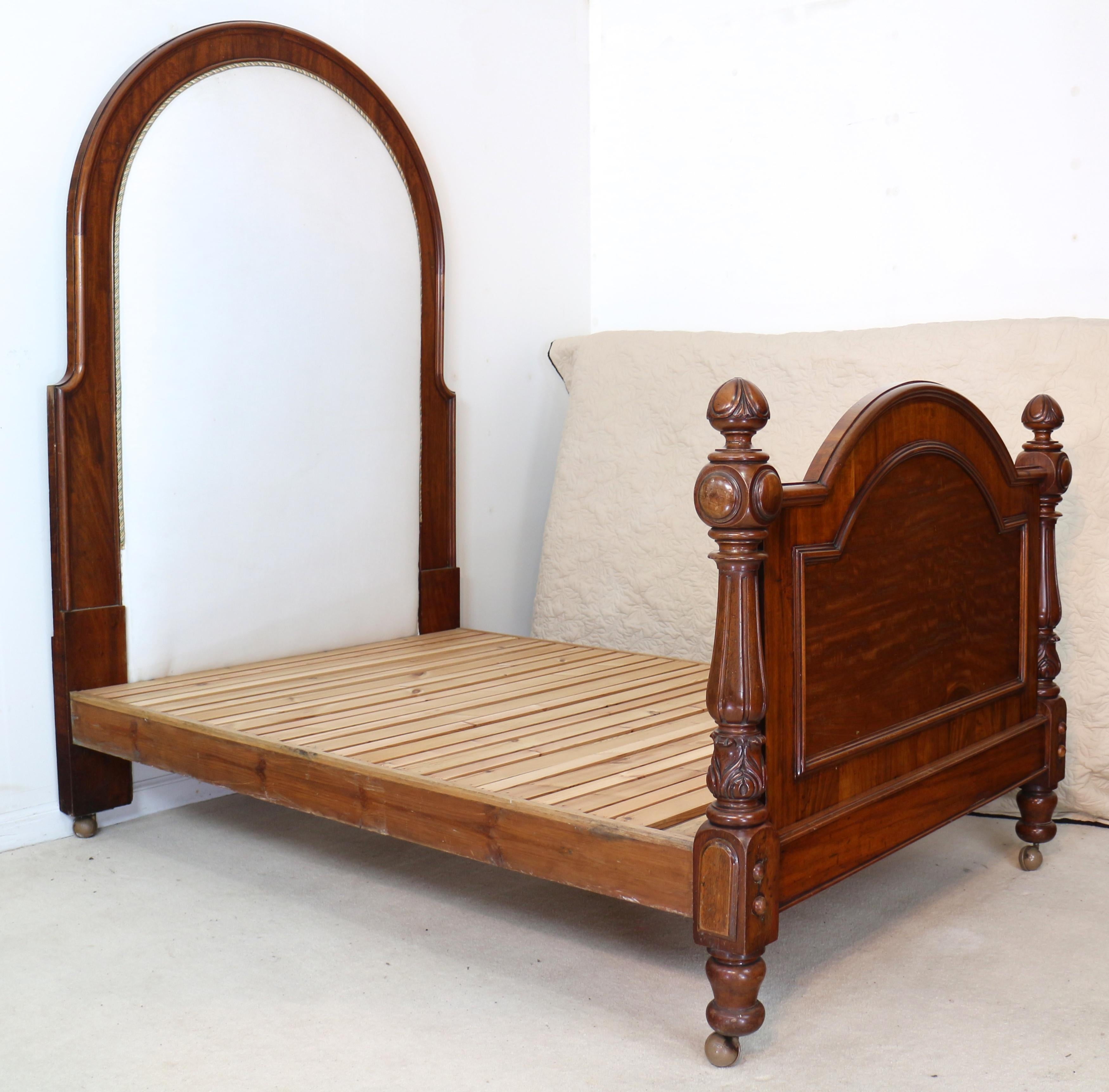 Antique English Victorian High Back Mahogany & Upholstered Bed For Sale 6
