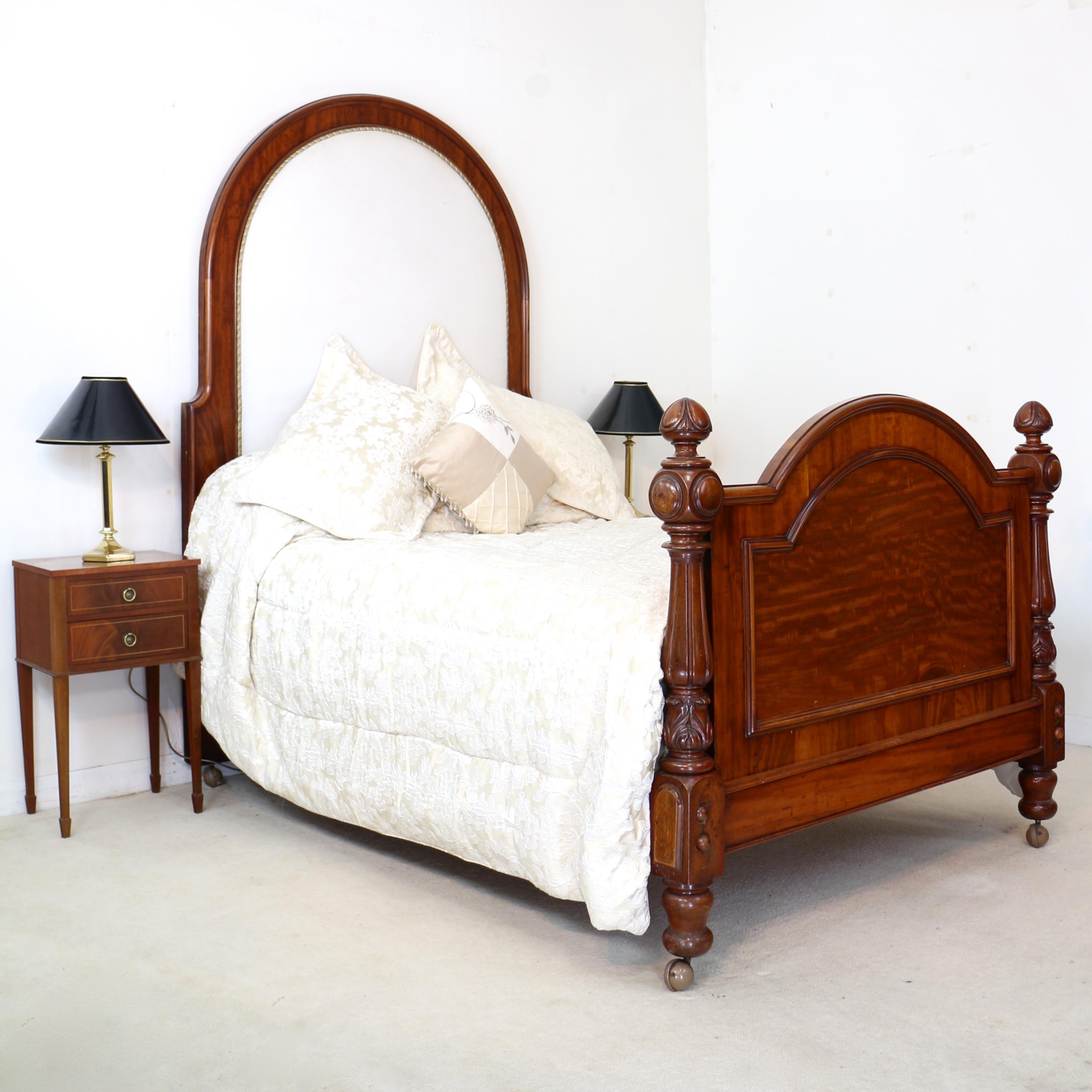 Antique English Victorian High Back Mahogany & Upholstered Bed For Sale 12