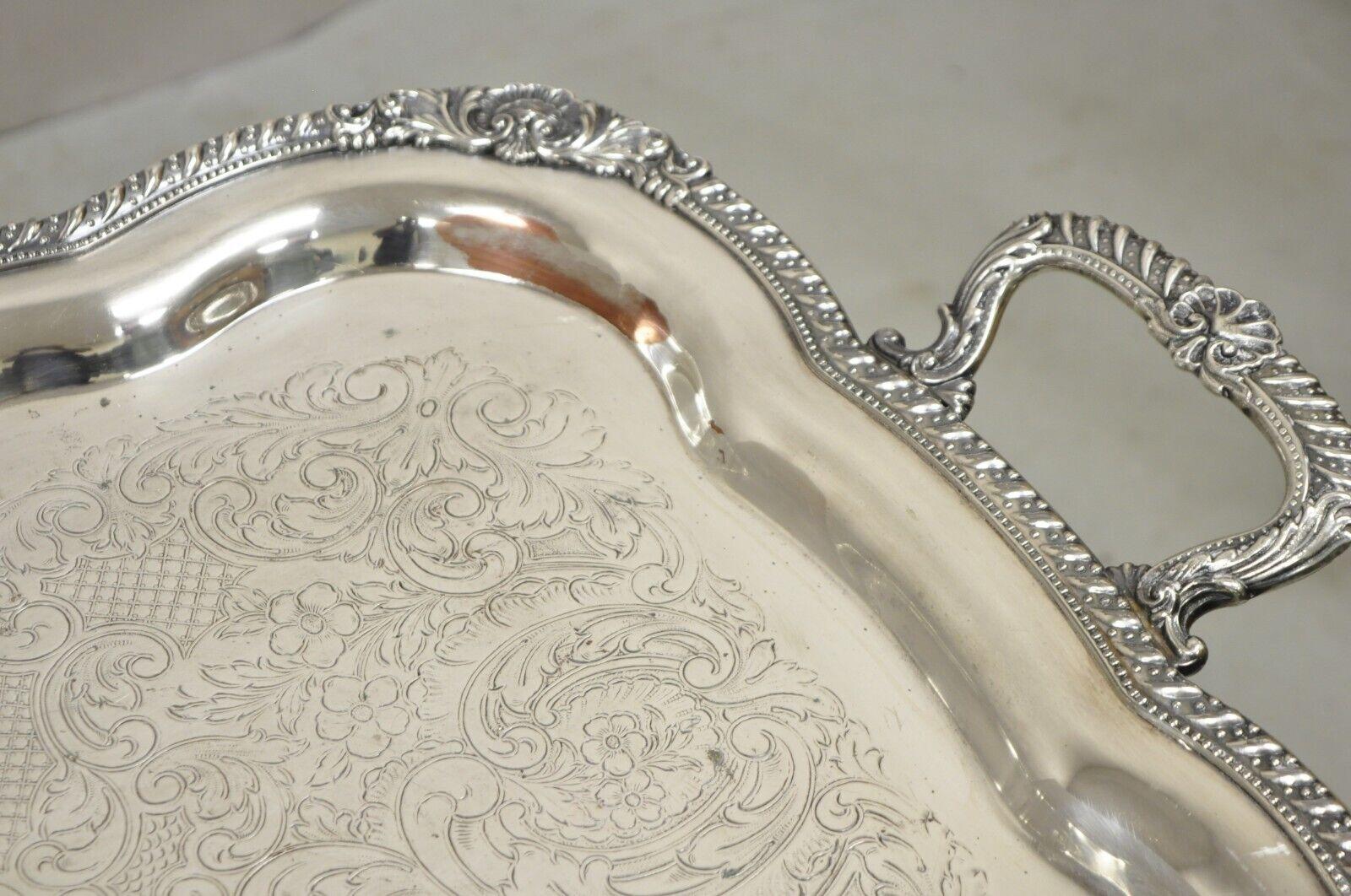 Antique English Victorian Large Silver Plated Scalloped Serving Platter Tray In Good Condition For Sale In Philadelphia, PA