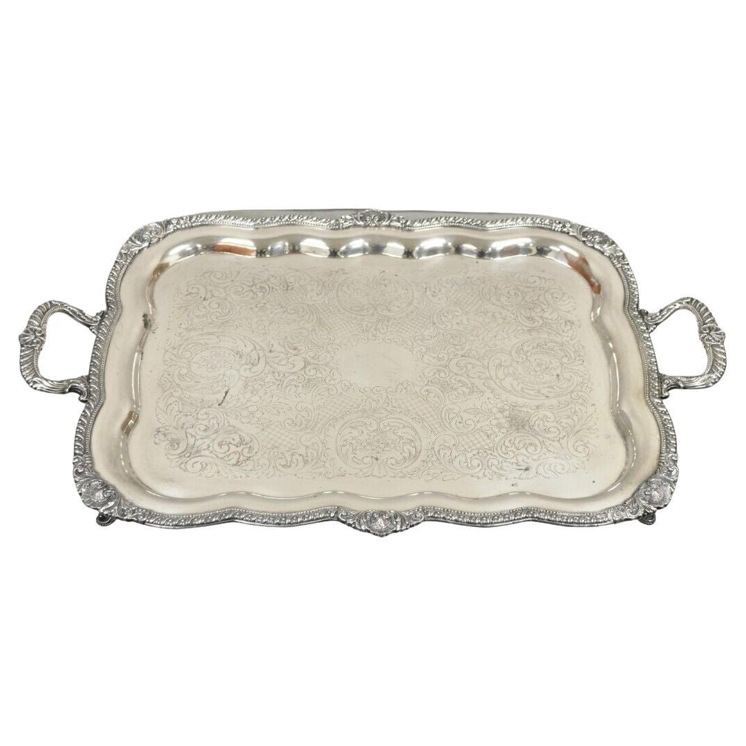 Antique English Victorian Large Silver Plated Scalloped Serving Platter Tray For Sale