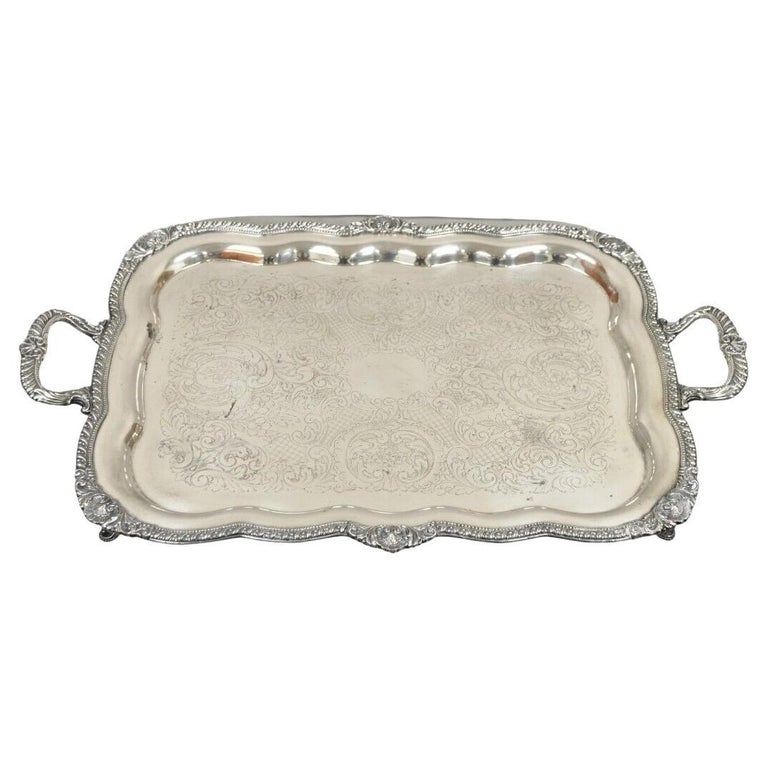 Antique English Victorian Large Silver Plated Scalloped Serving Platter Tray  For Sale at 1stDibs