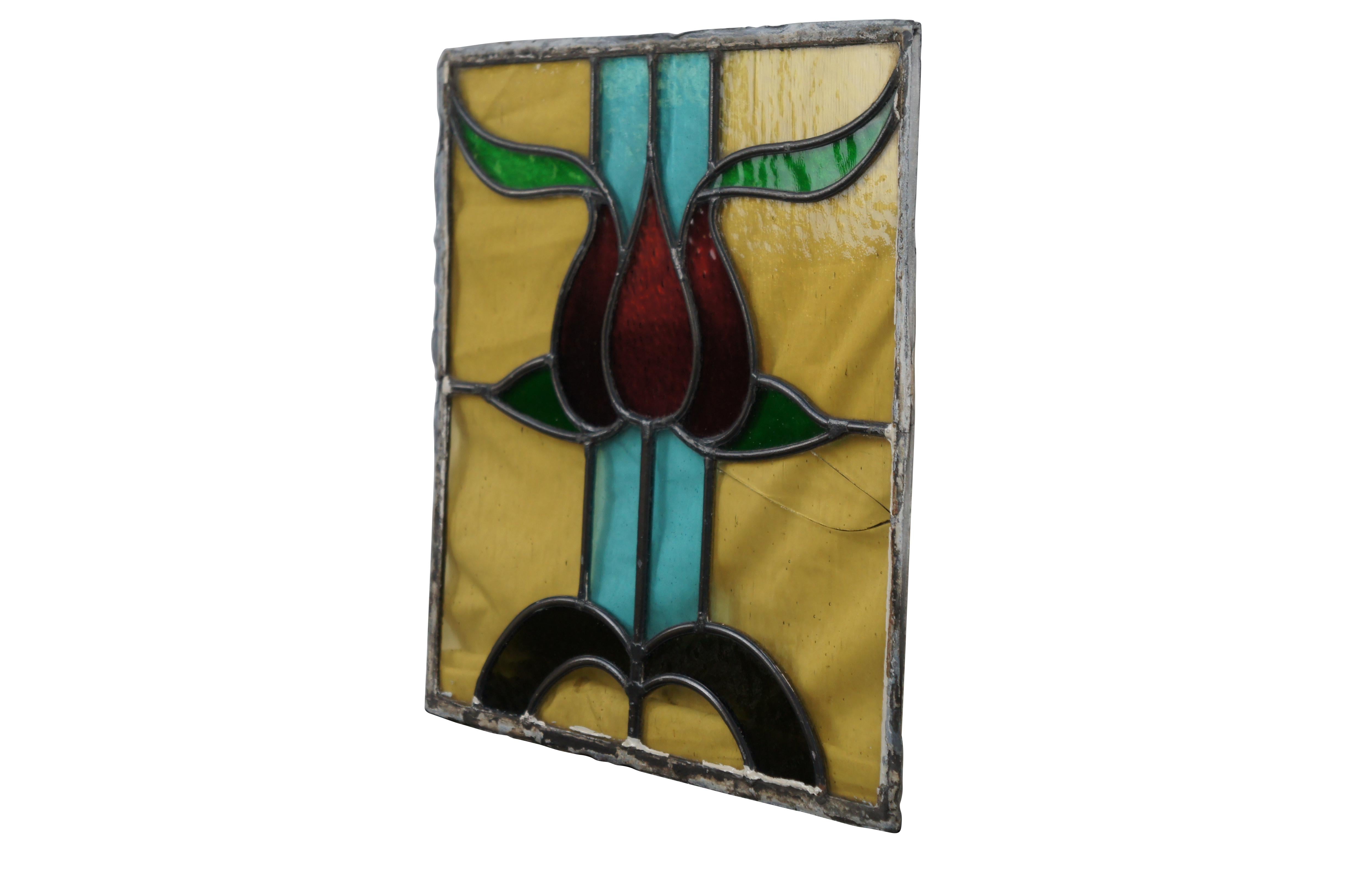 Victorien Antique English Victorian Leaded Stained Glass Triple Rose Window Panel 17