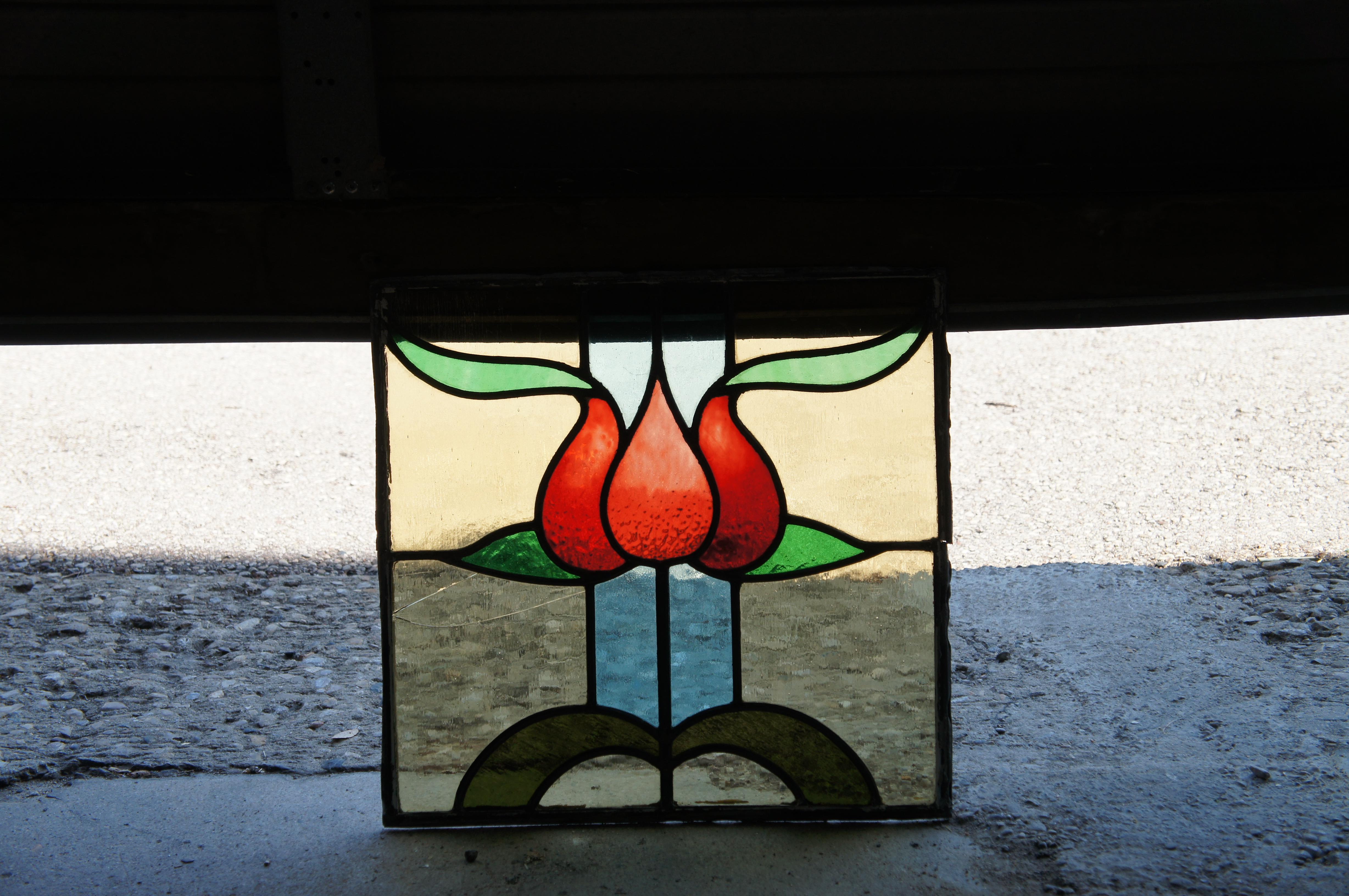 Antique English Victorian Leaded Stained Glass Triple Rose Window Panel 17