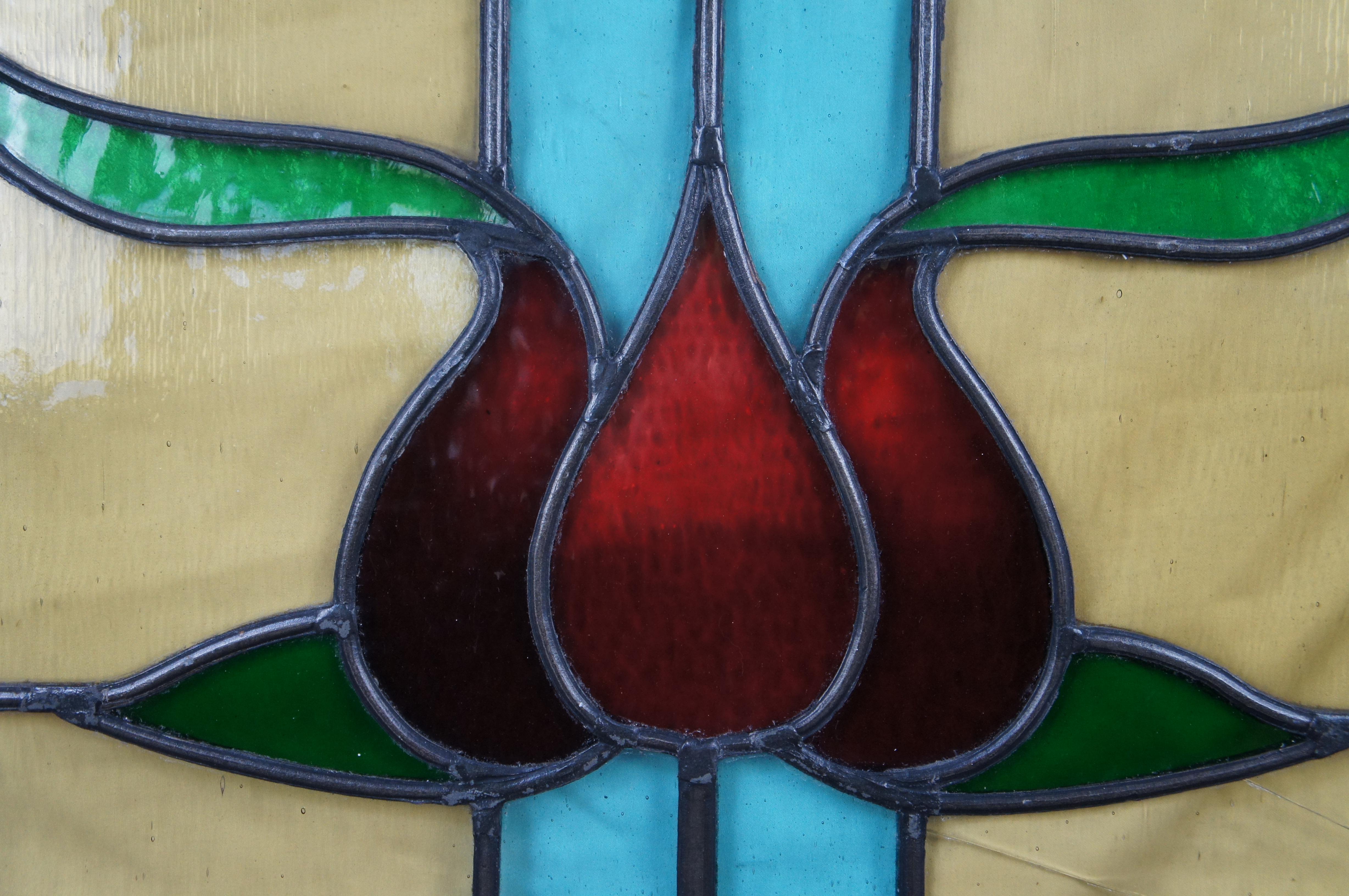 Métal Antique English Victorian Leaded Stained Glass Triple Rose Window Panel 17