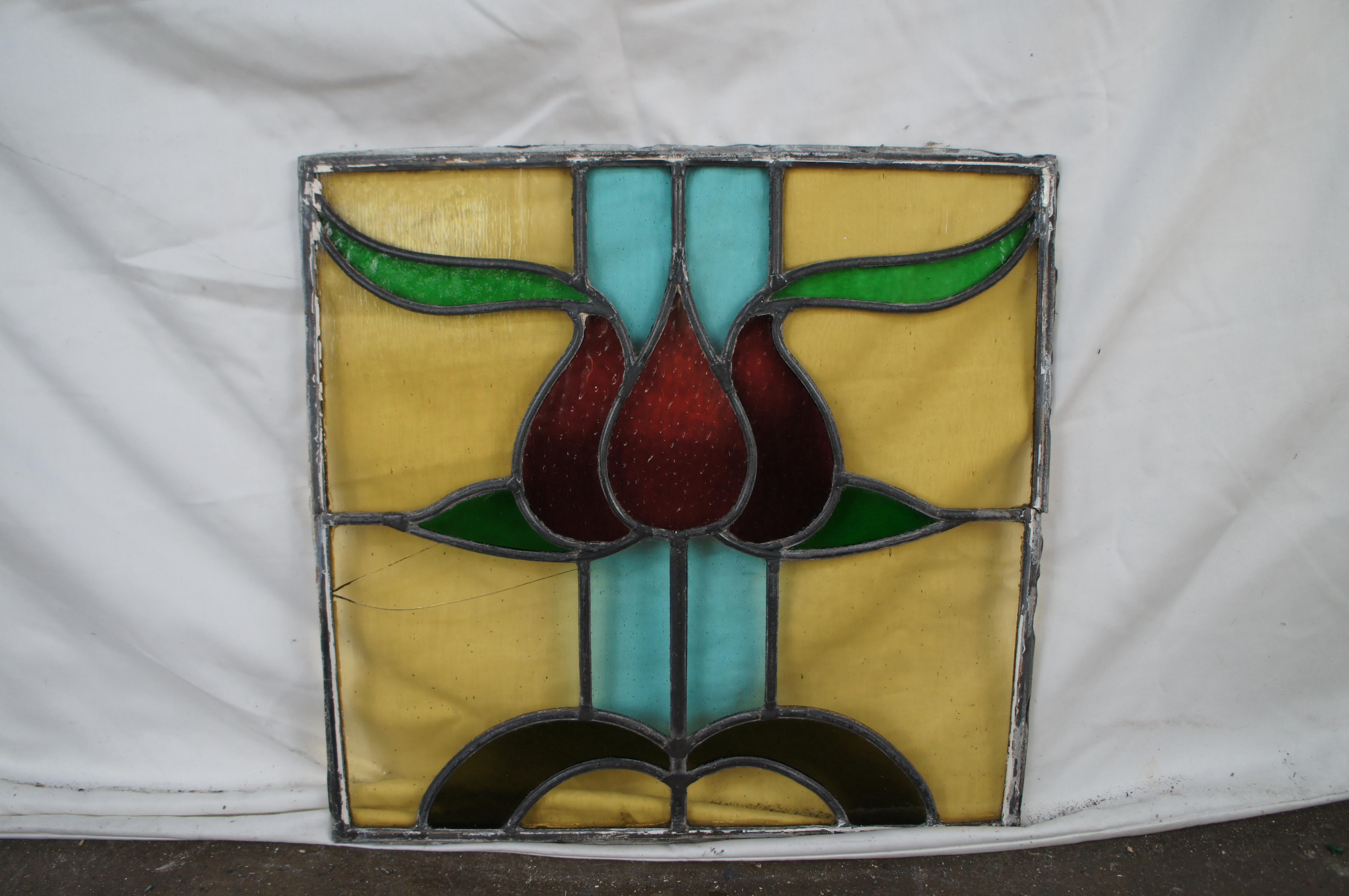 Antique English Victorian Leaded Stained Glass Triple Rose Window Panel 17
