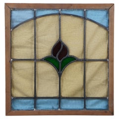 Antique English Victorian Leaded Stained Glass Window Floral Rose Pine Frame 21"