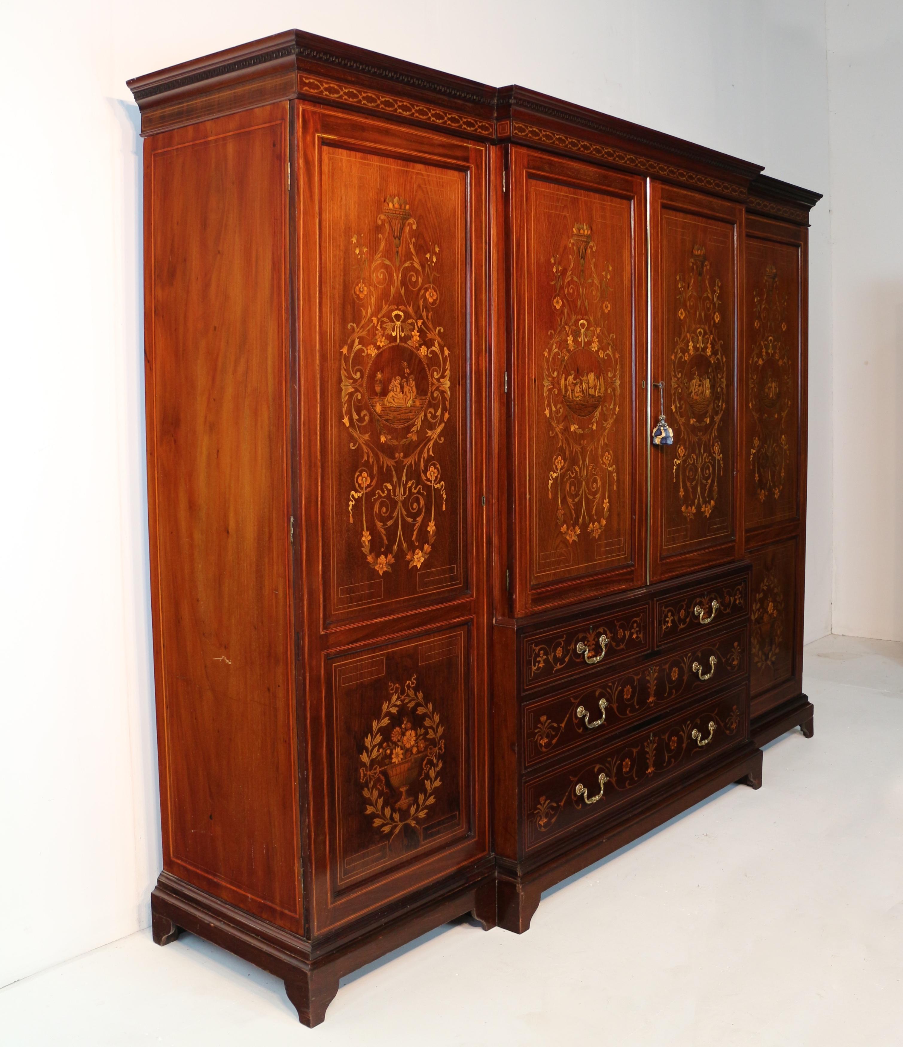 Antique English Victorian Mahogany & Marquetry Inlaid Fitted Wardrobe For Sale 11