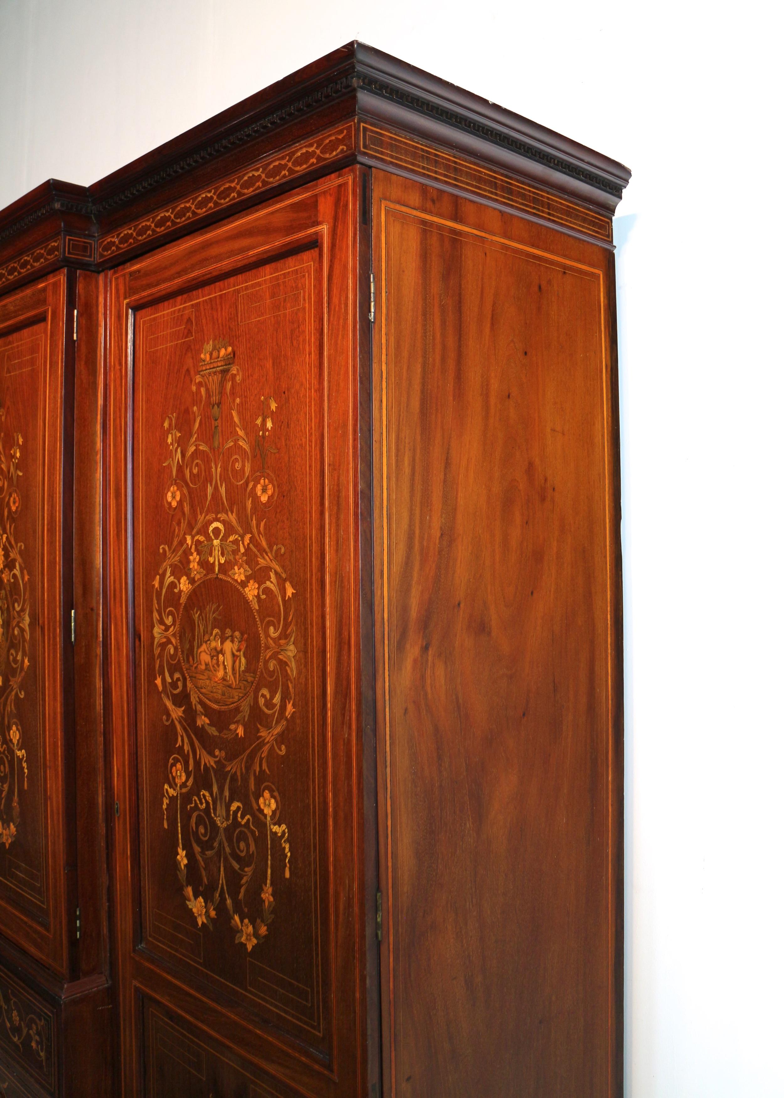 Antique English Victorian Mahogany & Marquetry Inlaid Fitted Wardrobe For Sale 12