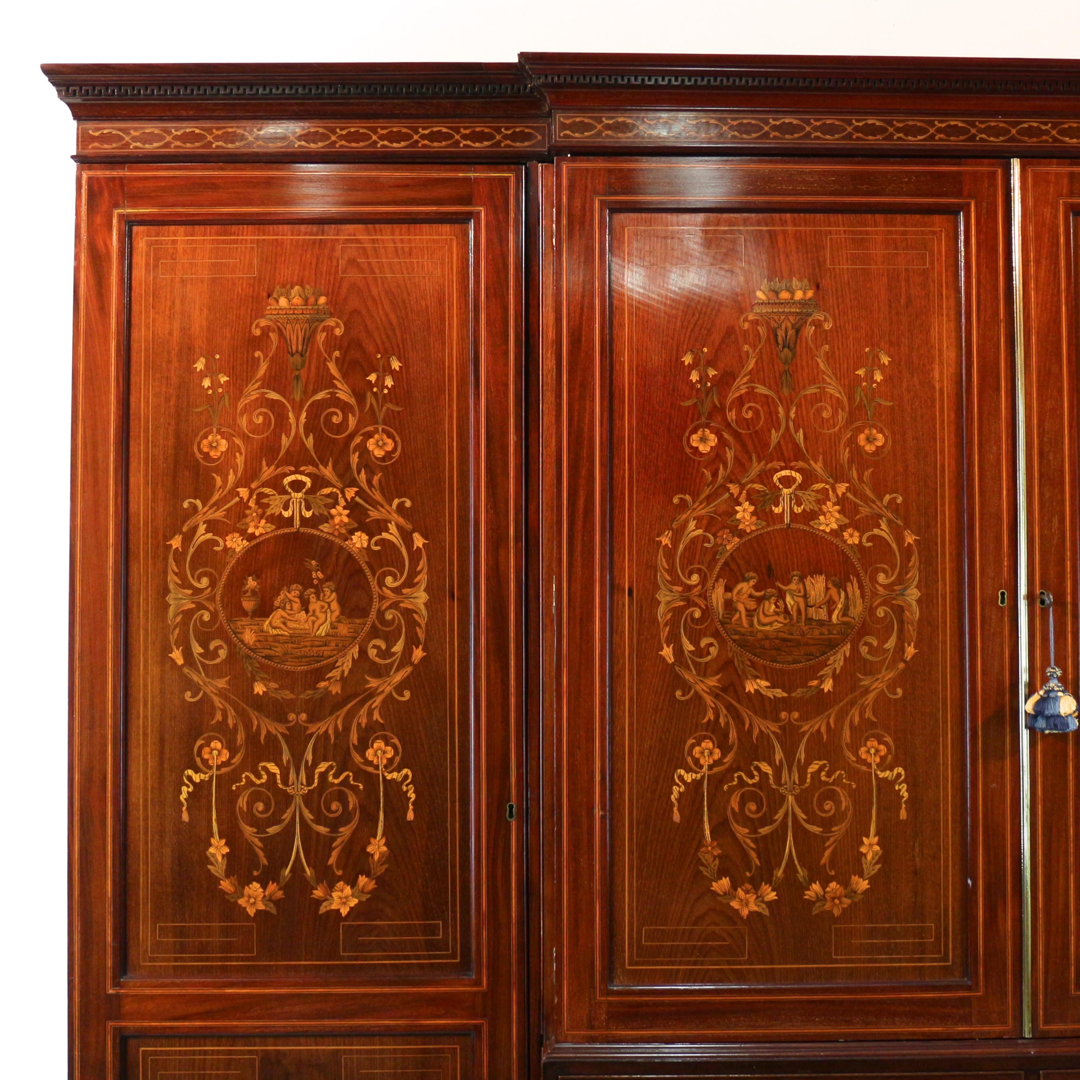 Sheraton Antique English Victorian Mahogany & Marquetry Inlaid Fitted Wardrobe For Sale
