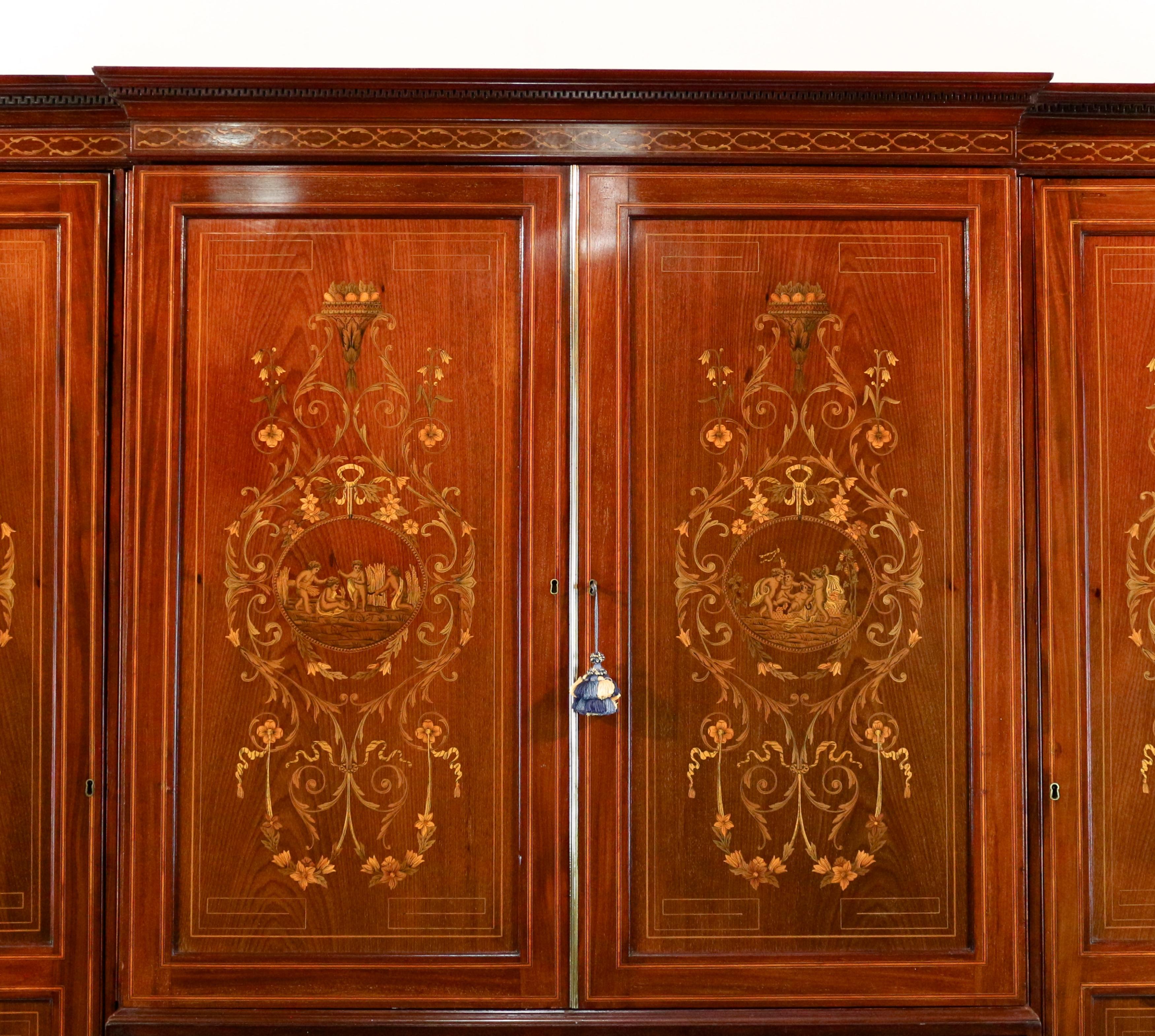 Hand-Crafted Antique English Victorian Mahogany & Marquetry Inlaid Fitted Wardrobe For Sale