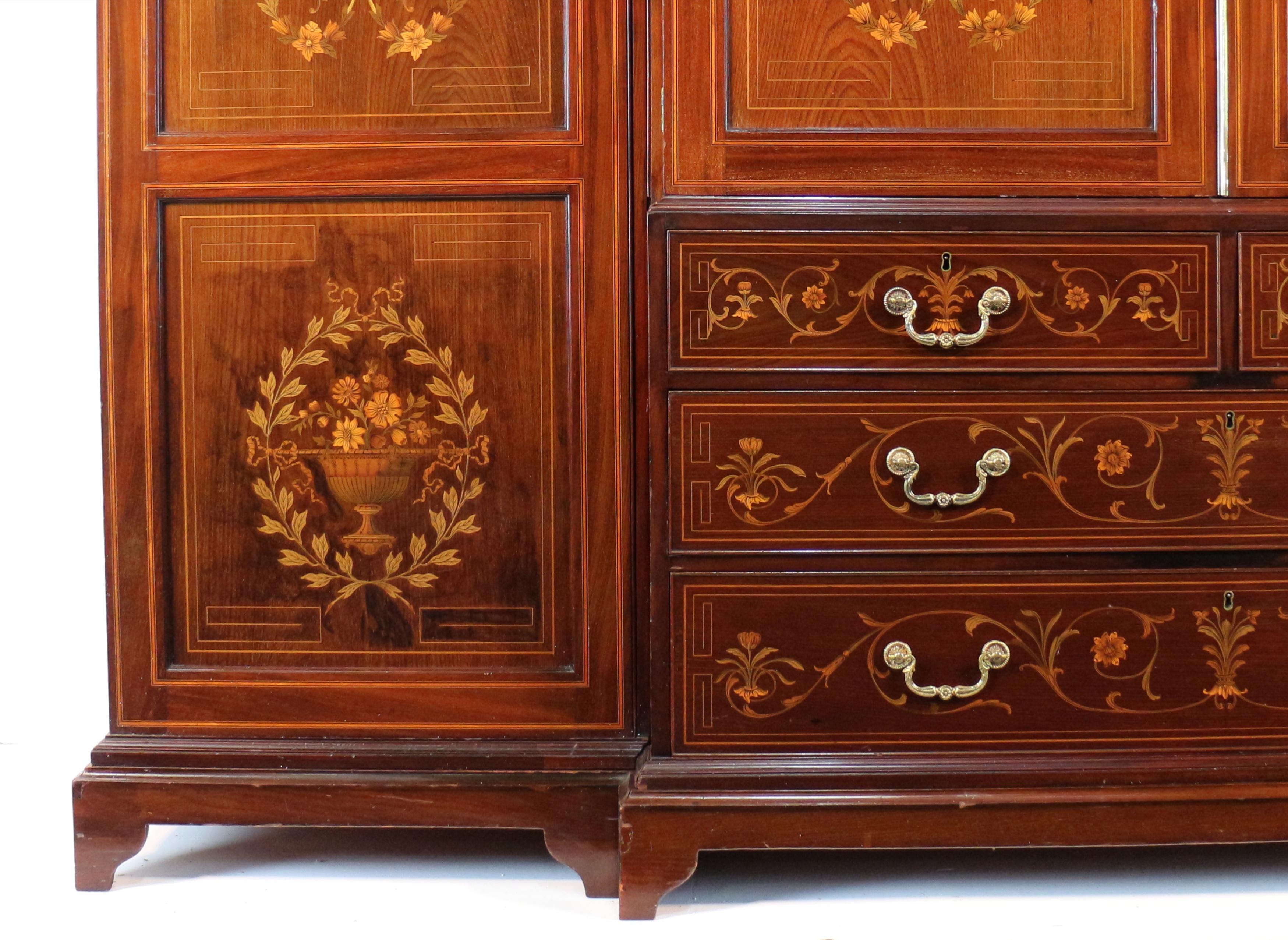 19th Century Antique English Victorian Mahogany & Marquetry Inlaid Fitted Wardrobe For Sale