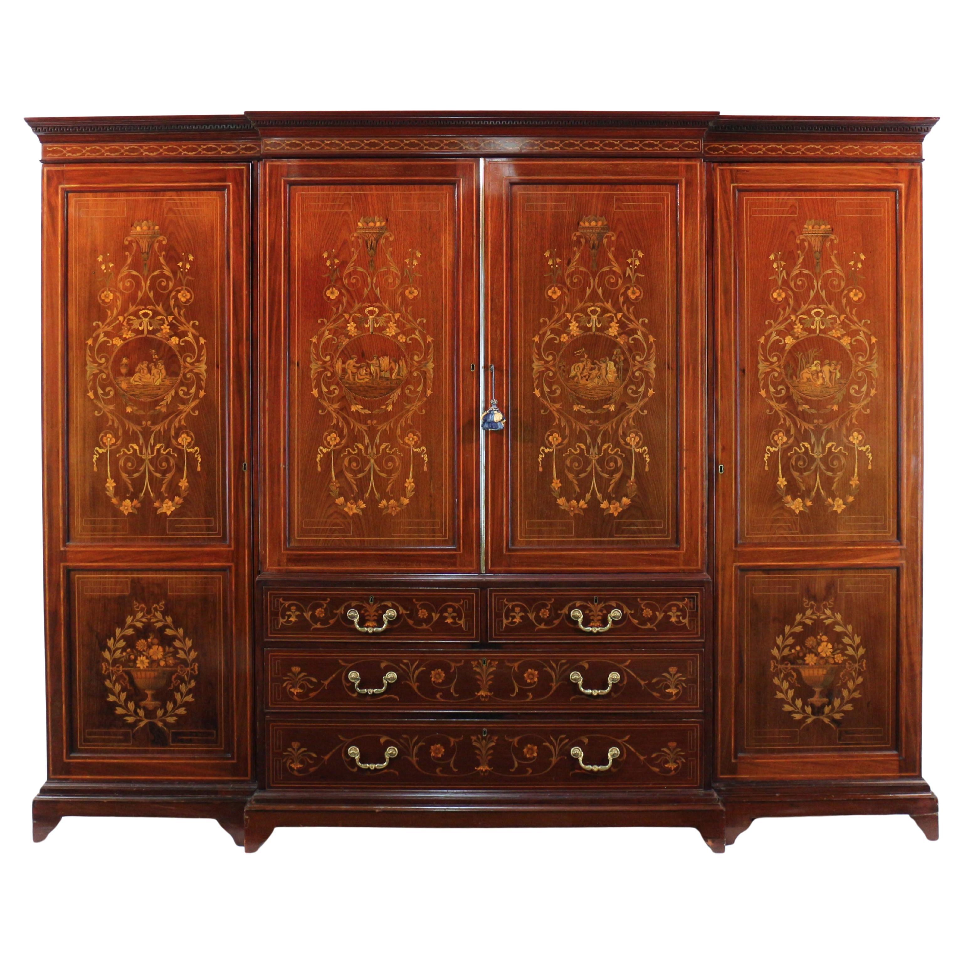 Antique English Victorian Mahogany & Marquetry Inlaid Fitted Wardrobe For Sale