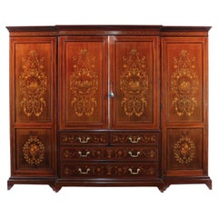 Used English Victorian Mahogany & Marquetry Inlaid Fitted Wardrobe