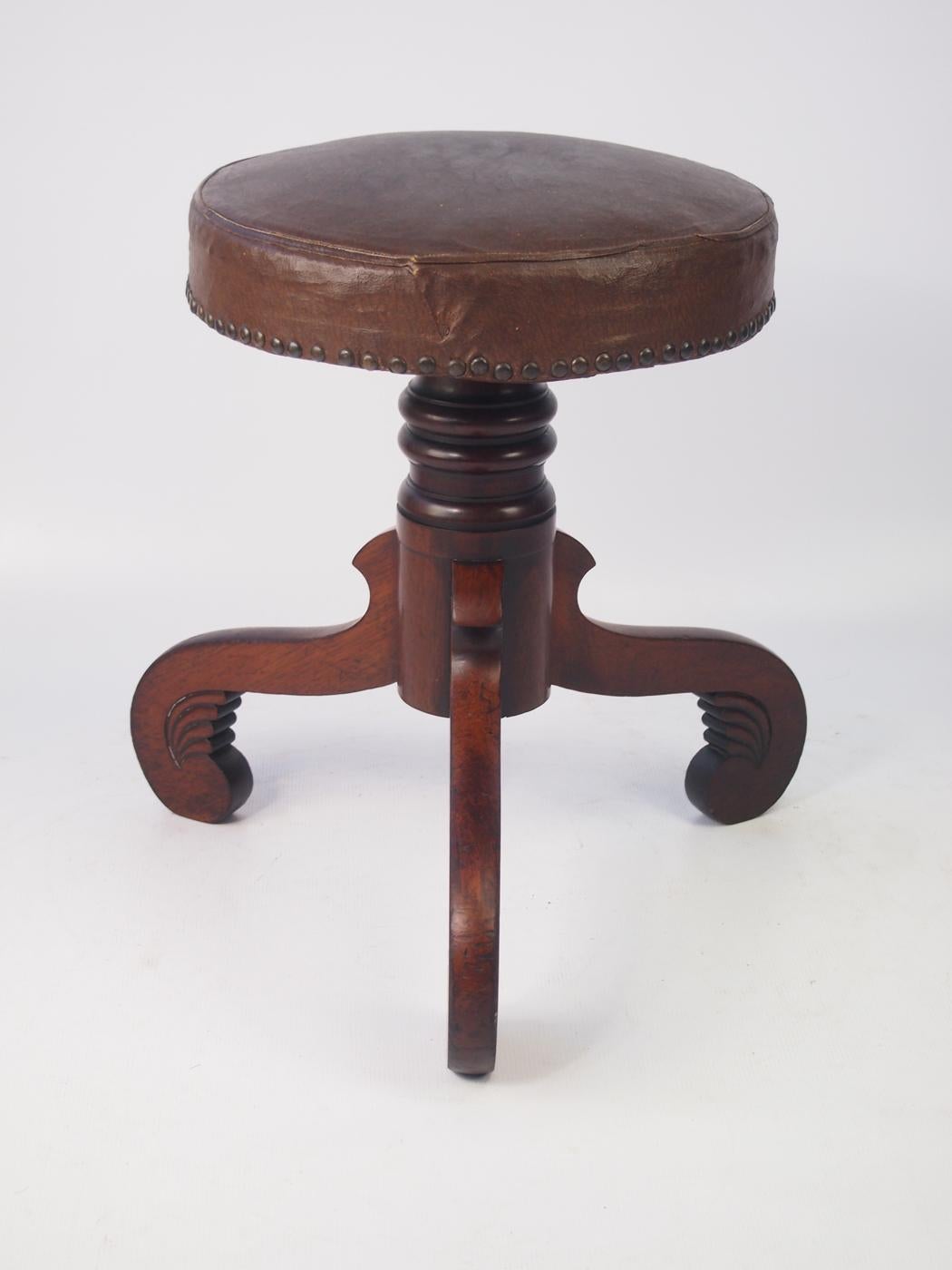 19th Century Antique English Victorian Mahogany Rise and Fall Piano Stool Regency Music Chair For Sale