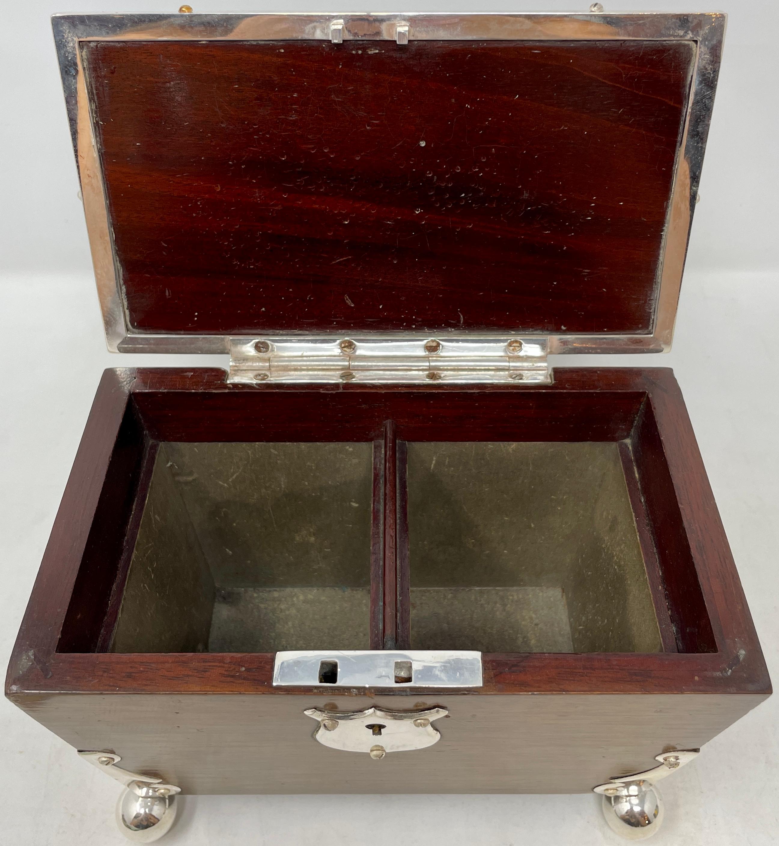 Antique English Victorian Mahogany Tea Caddy with Silver-Plated Mounts, Ca 1890 5