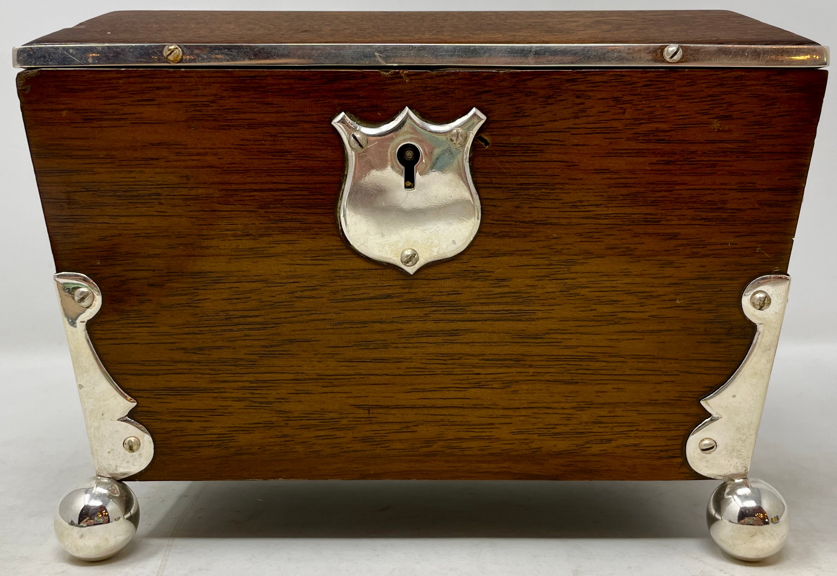 Antique English Victorian Mahogany tea caddy with silver-plated mounts, Circa 1890's.