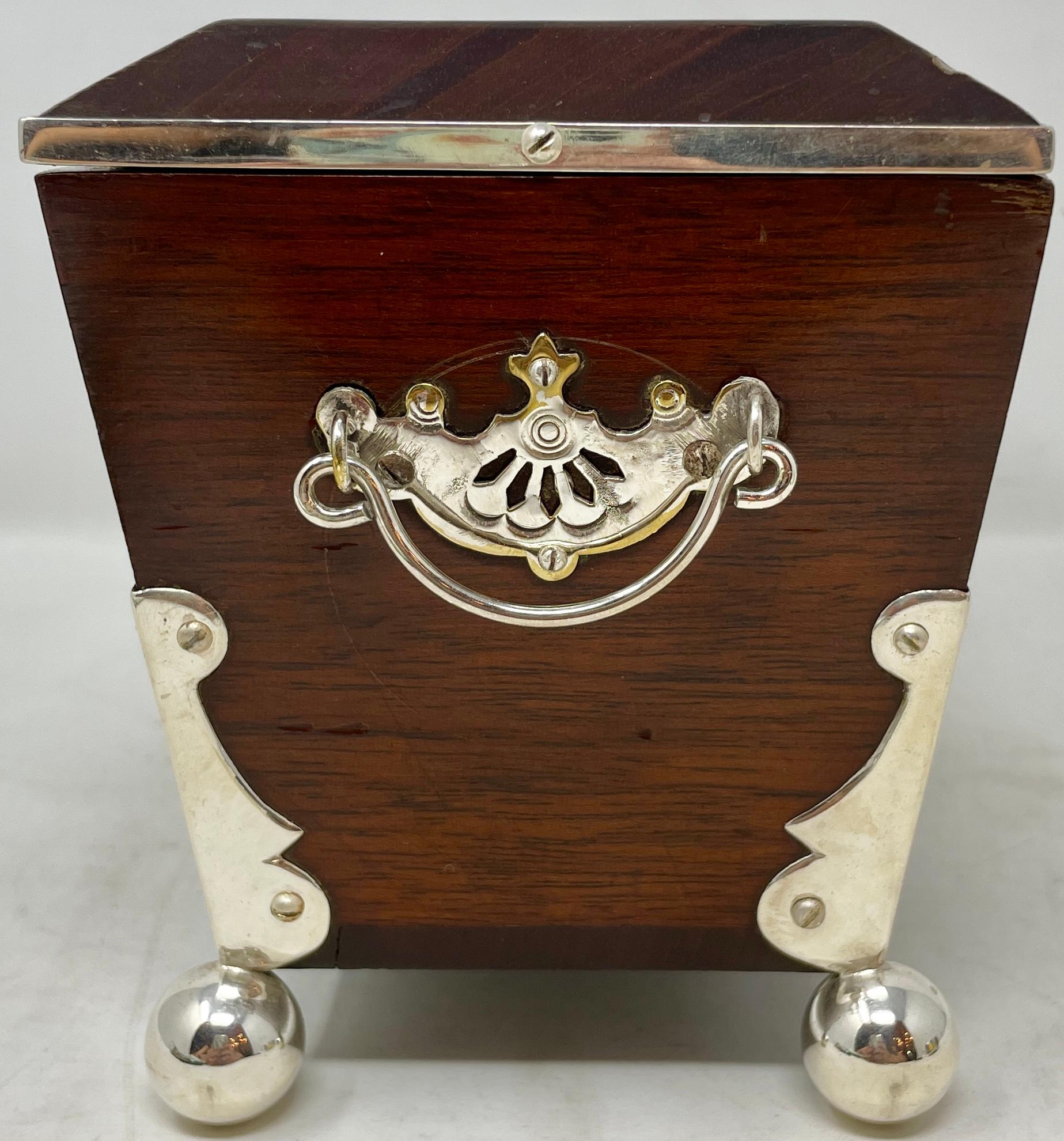 19th Century Antique English Victorian Mahogany Tea Caddy with Silver-Plated Mounts, Ca 1890