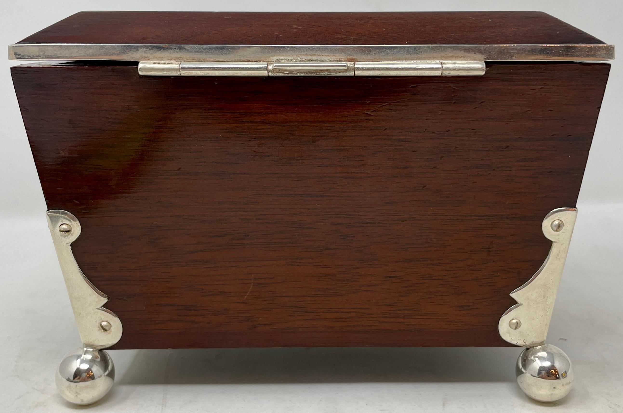 Silver Plate Antique English Victorian Mahogany Tea Caddy with Silver-Plated Mounts, Ca 1890