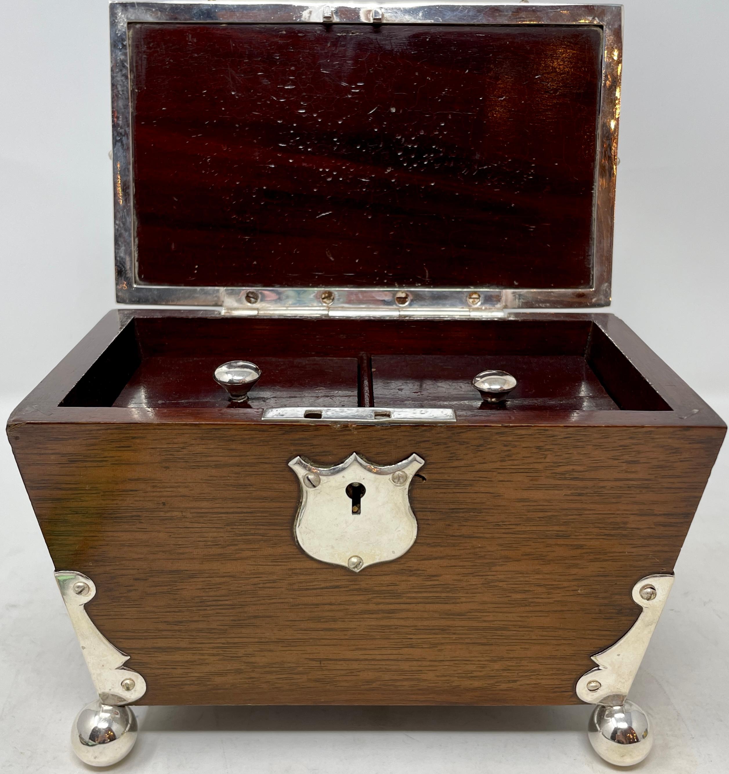 Antique English Victorian Mahogany Tea Caddy with Silver-Plated Mounts, Ca 1890 2