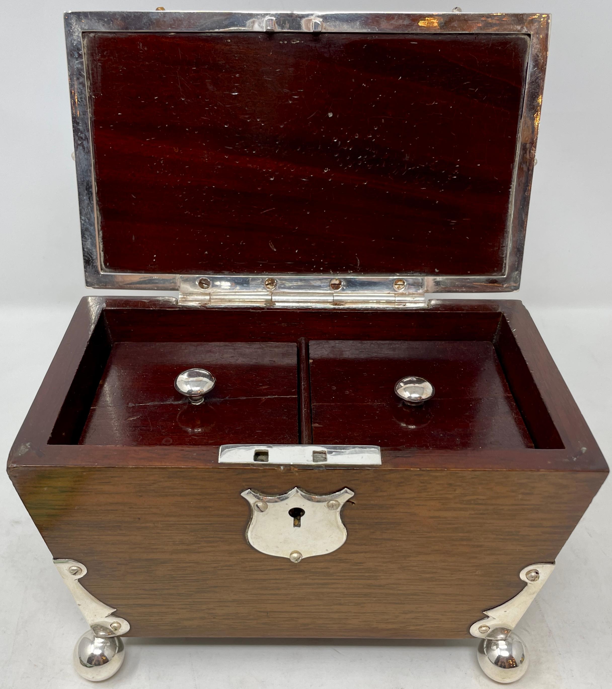 Antique English Victorian Mahogany Tea Caddy with Silver-Plated Mounts, Ca 1890 3