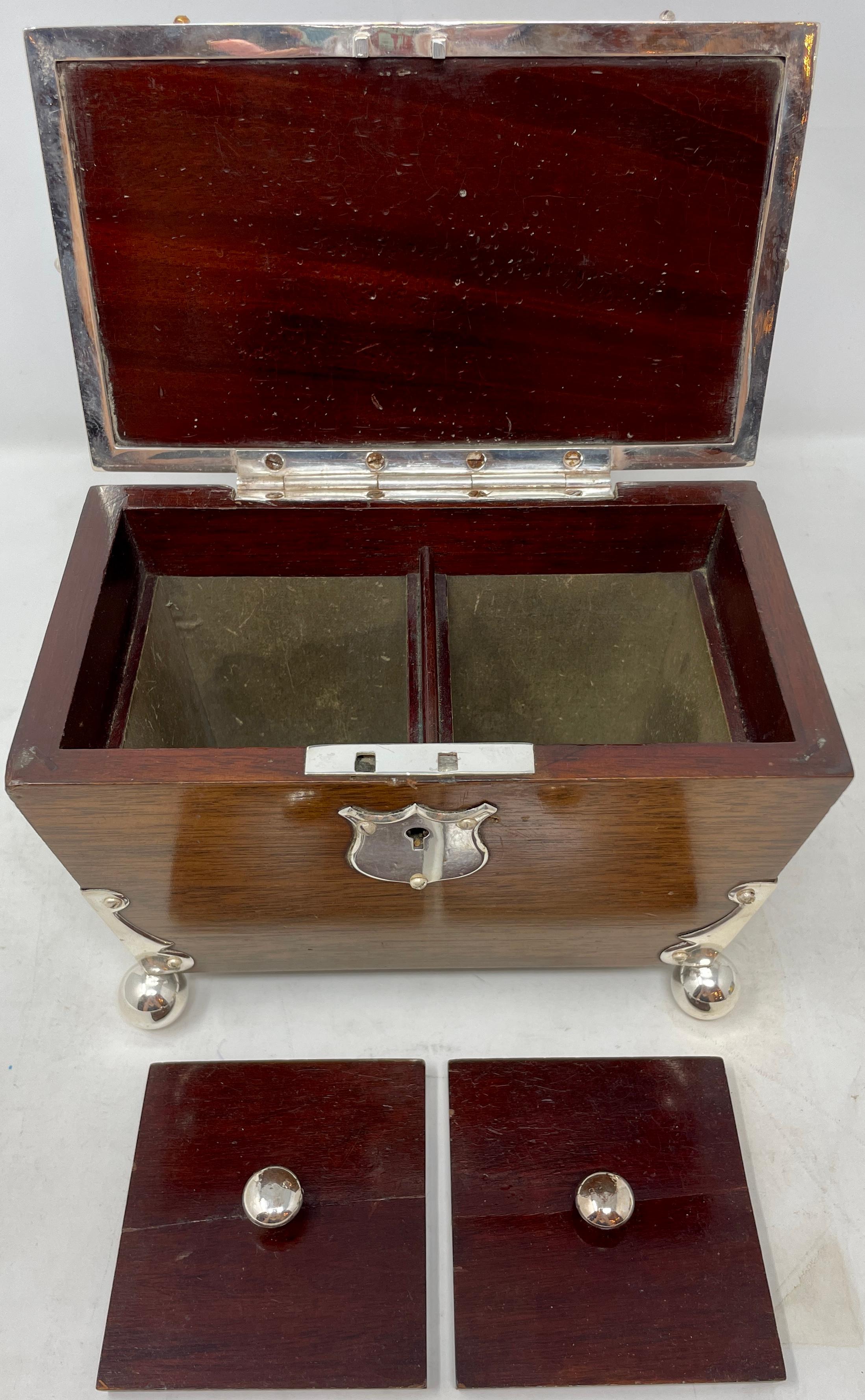 Antique English Victorian Mahogany Tea Caddy with Silver-Plated Mounts, Ca 1890 4