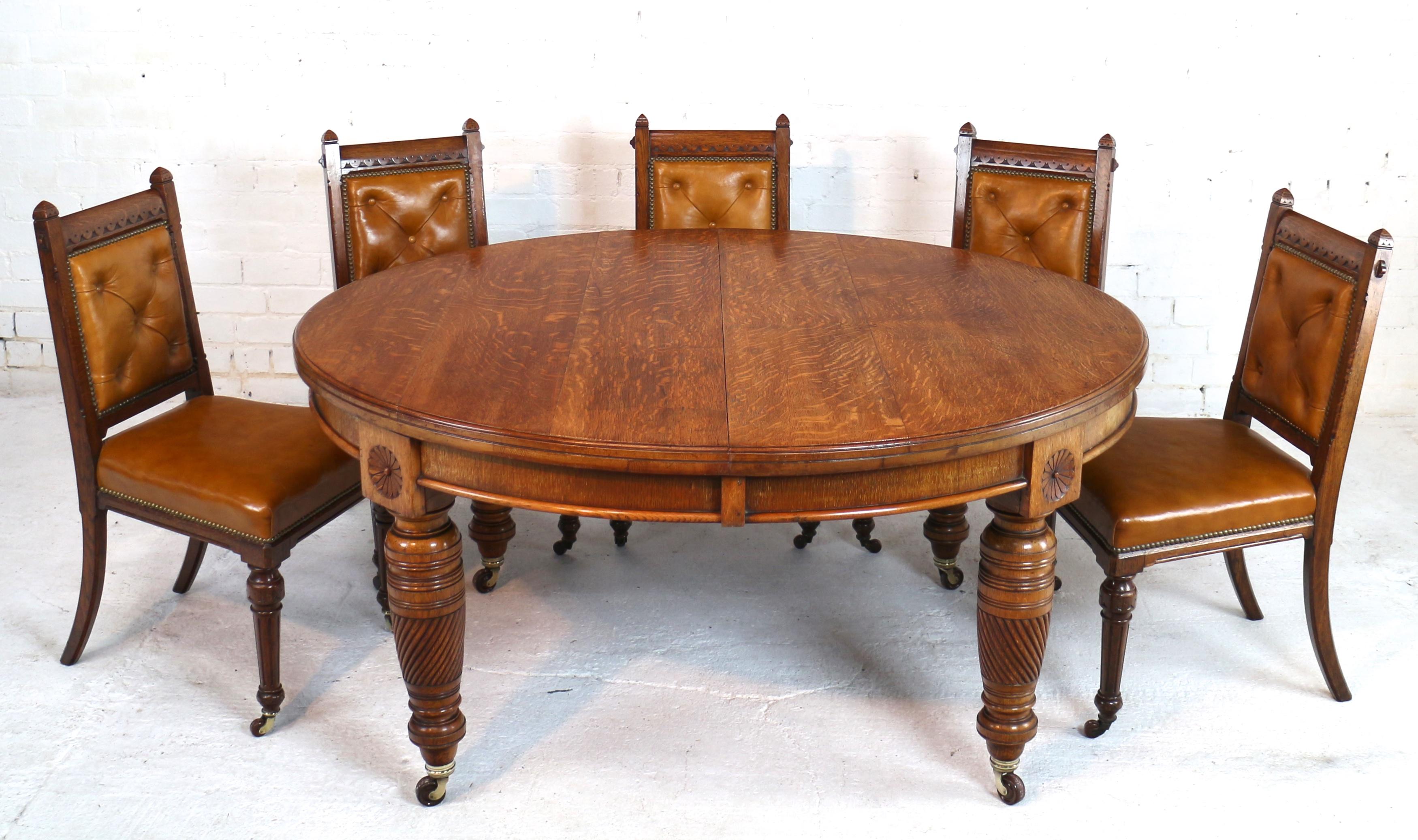 Antique English Victorian Maple & Co. Oak Campaign Dining Table and Leaf Holder 6