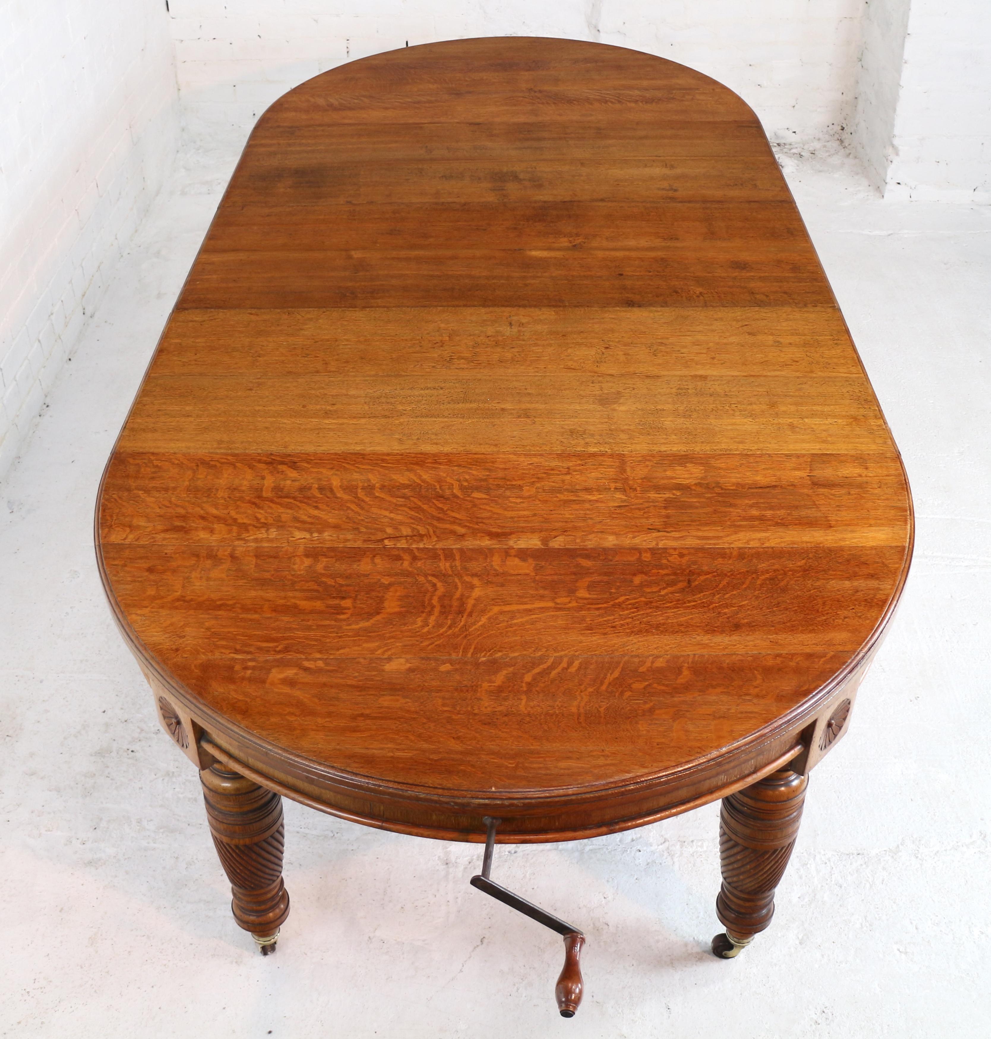 19th Century Antique English Victorian Maple & Co. Oak Campaign Dining Table and Leaf Holder