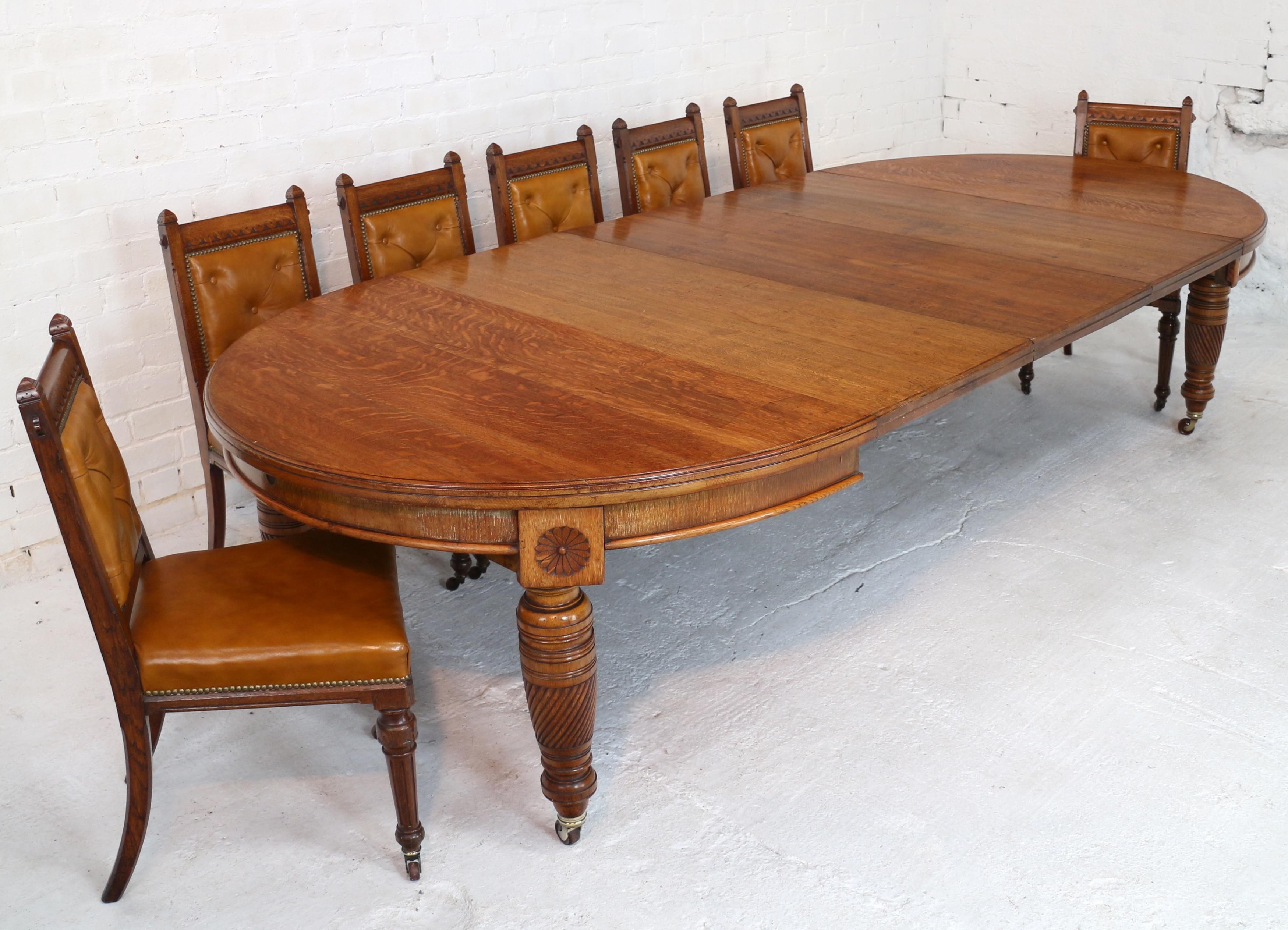 Antique English Victorian Maple & Co. Oak Campaign Dining Table and Leaf Holder 1