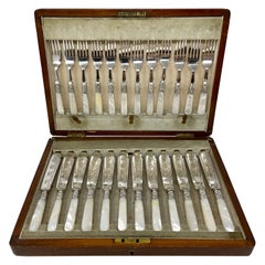Used English Victorian Mother of Pearl 24 Piece Fish Set in Case, Circa 1880