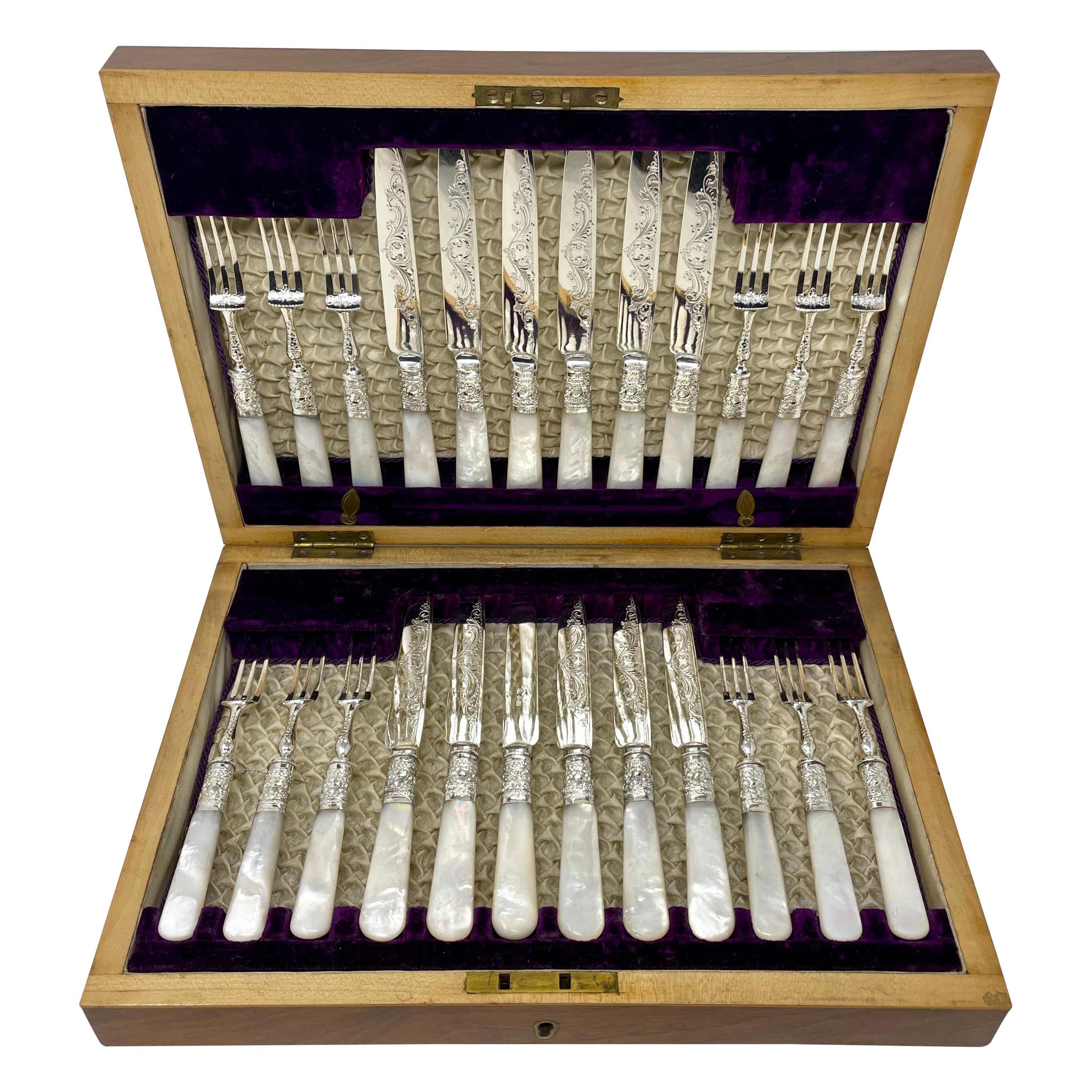 Antique English Victorian Mother of Pearl Dessert Service in Case, Circa 1880