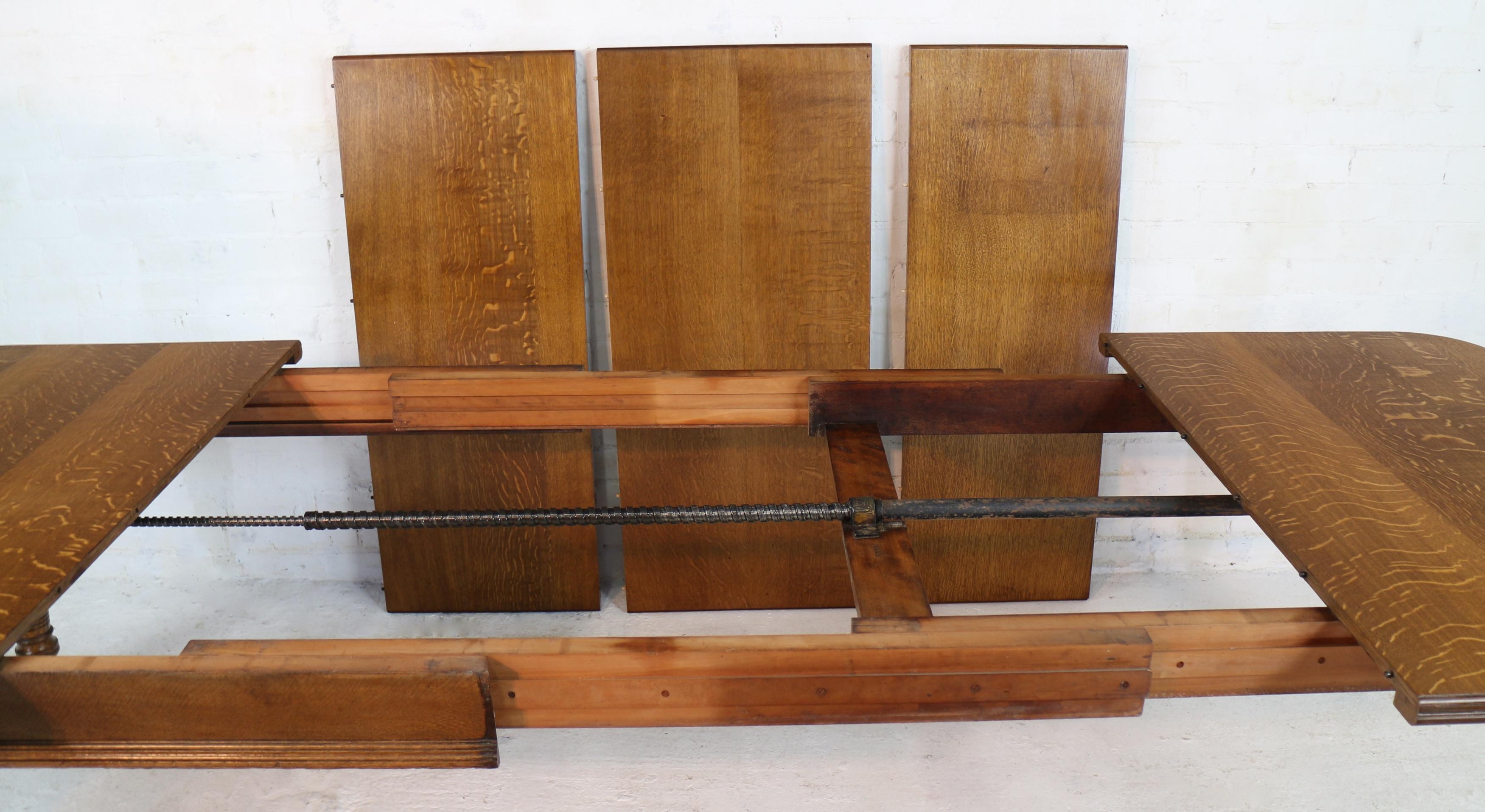 19th Century Antique English Victorian Oak Extending Dining Table & 3 Leaves, Seats 12 For Sale