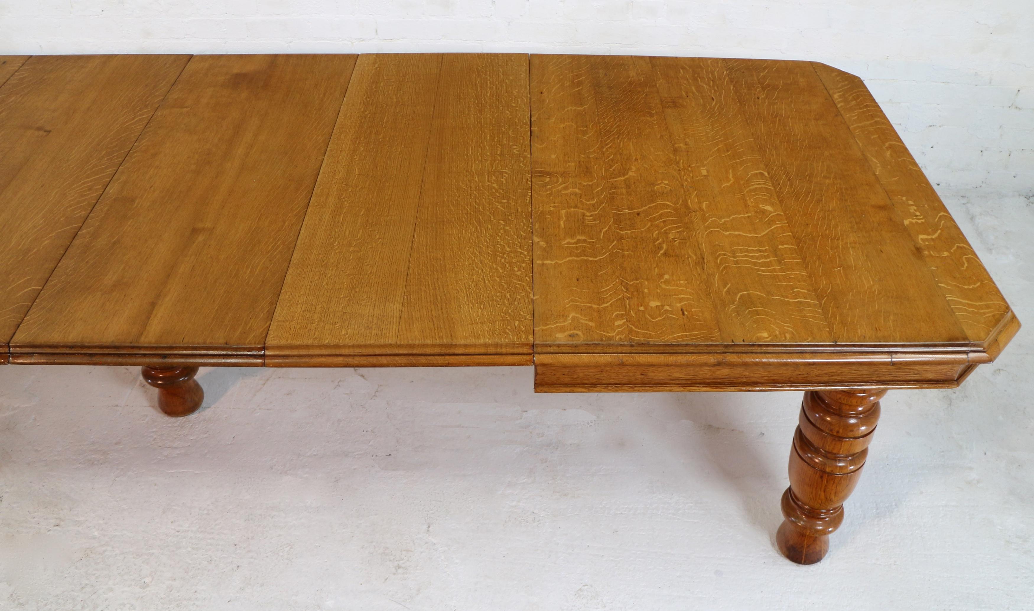 Steel Antique English Victorian Oak Extending Dining Table & 4 Leaves, 12ft/Seats 14 For Sale
