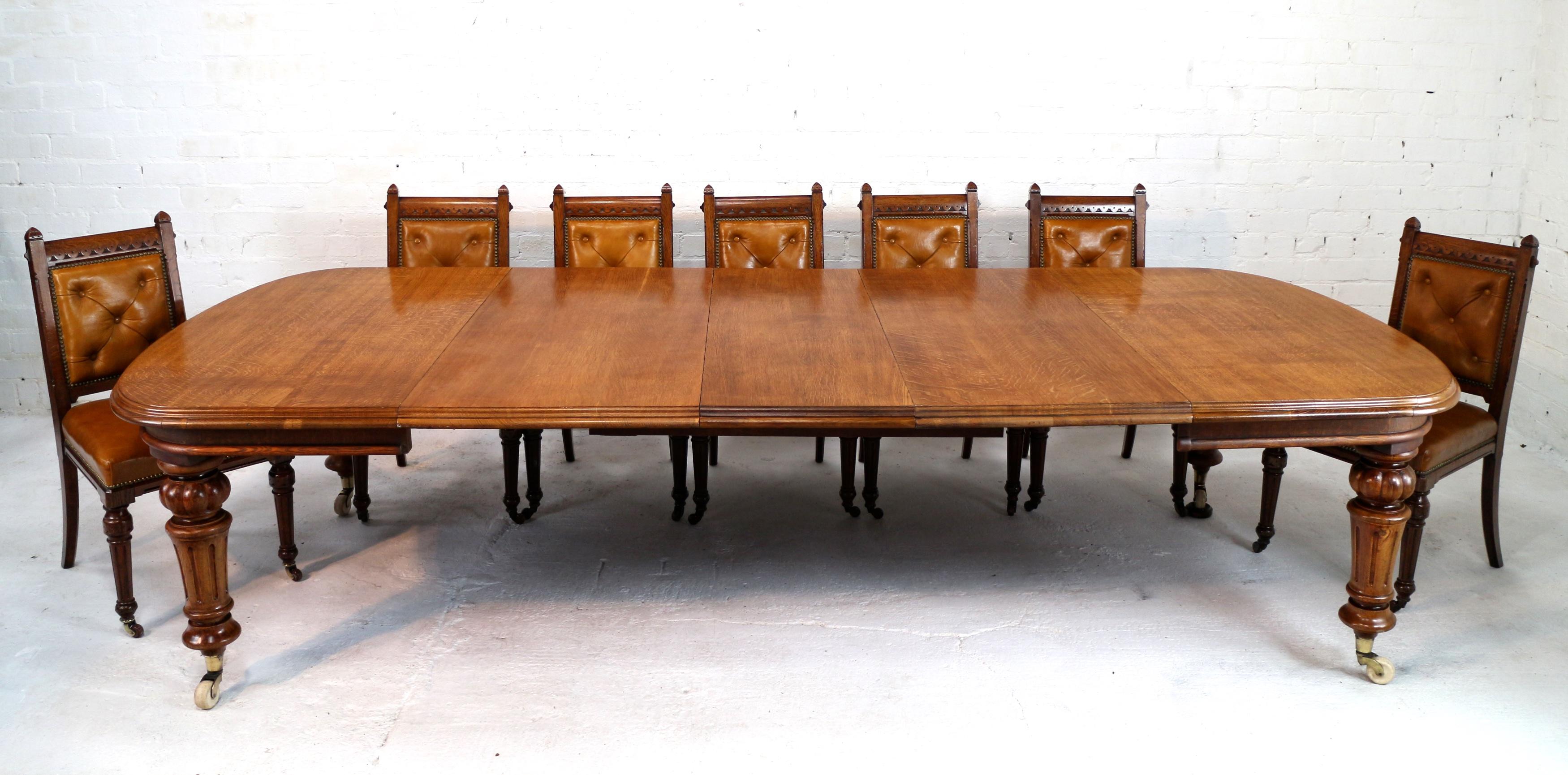 19th Century Antique English Victorian Oak Extending Dining Table and Three Leaves