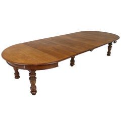 Antique English Victorian Oak Round Extending Dining Table and 4 Leaves