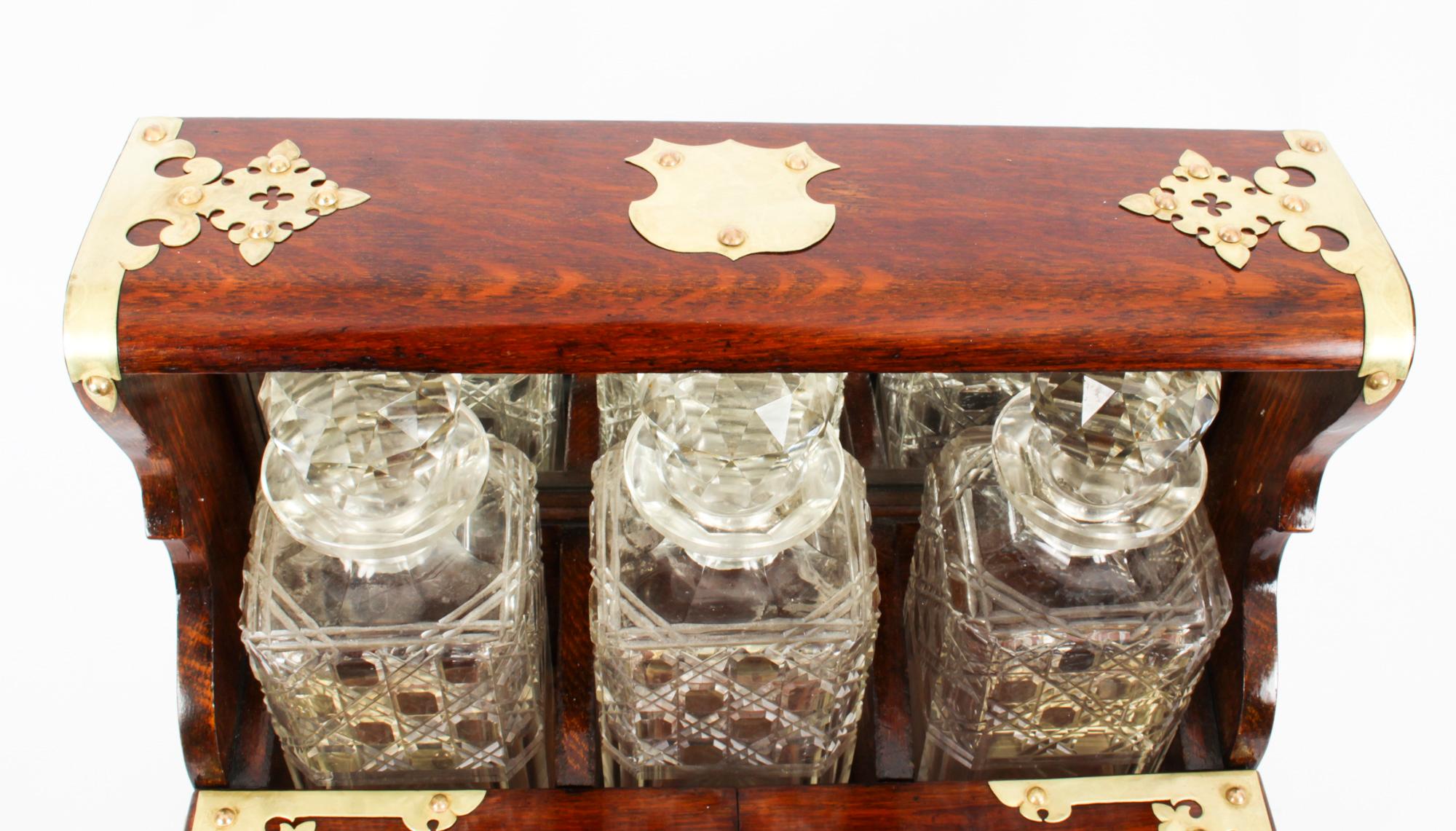 Late 19th Century Antique English Victorian Oak Three Crystal Decanter Tantalus Dry Bar 19th C
