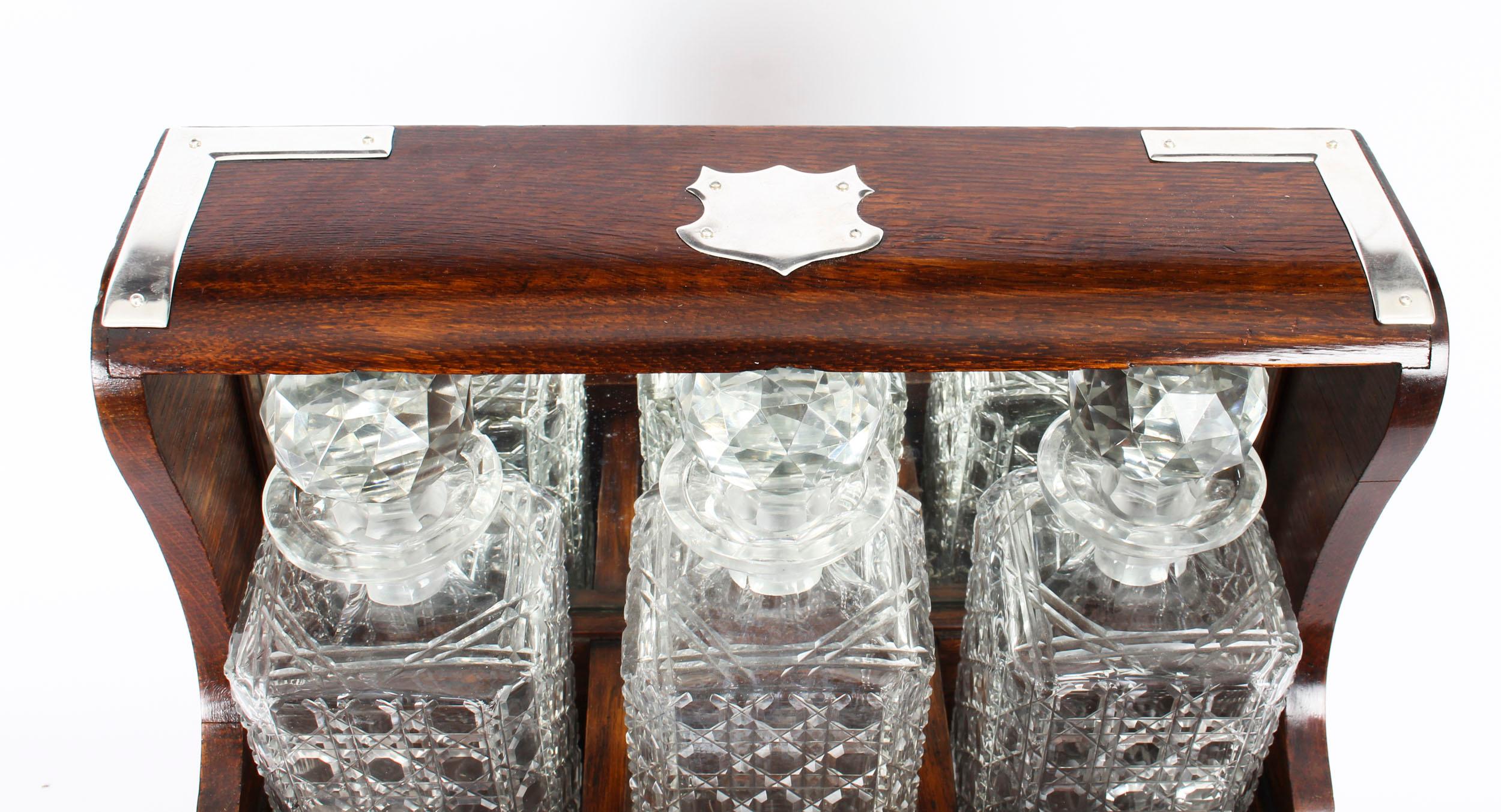 English Victorian Oak Three Crystal Decanter Tantalus Dry Bar, 19th Century 1