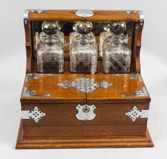 Antique English Victorian Oak Three Crystal Decanter Tantalus, 19th Century