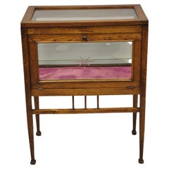 Antique English Victorian Oak Wood and Glass Small Display Case Stand