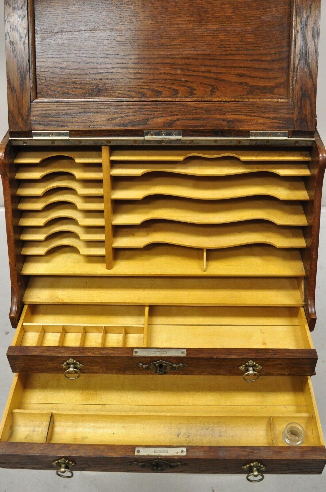 Antiker englischer viktorianischer Schreibtisch-Porzellan-Schreibtisch-Schreibtisch-Briefhalter aus Eichenholz im Angebot 4