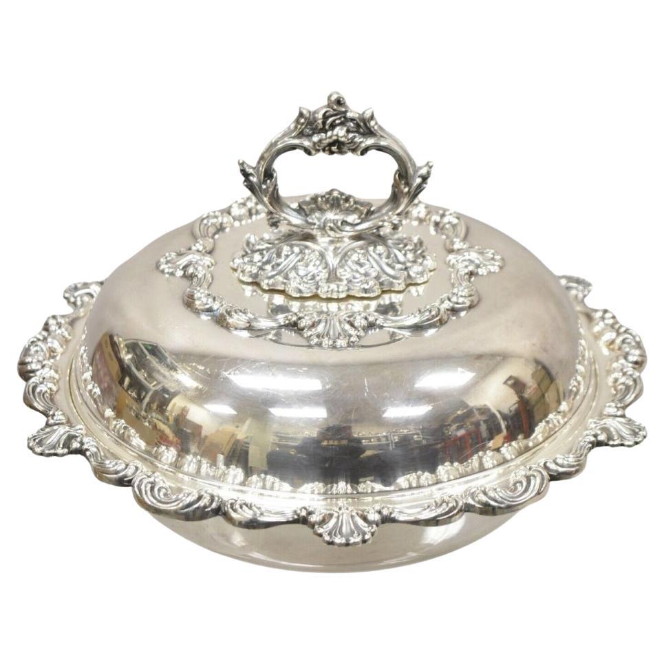 Antique English Victorian Ornate Round Silver Plated Rococo Lidded Serving Dish For Sale