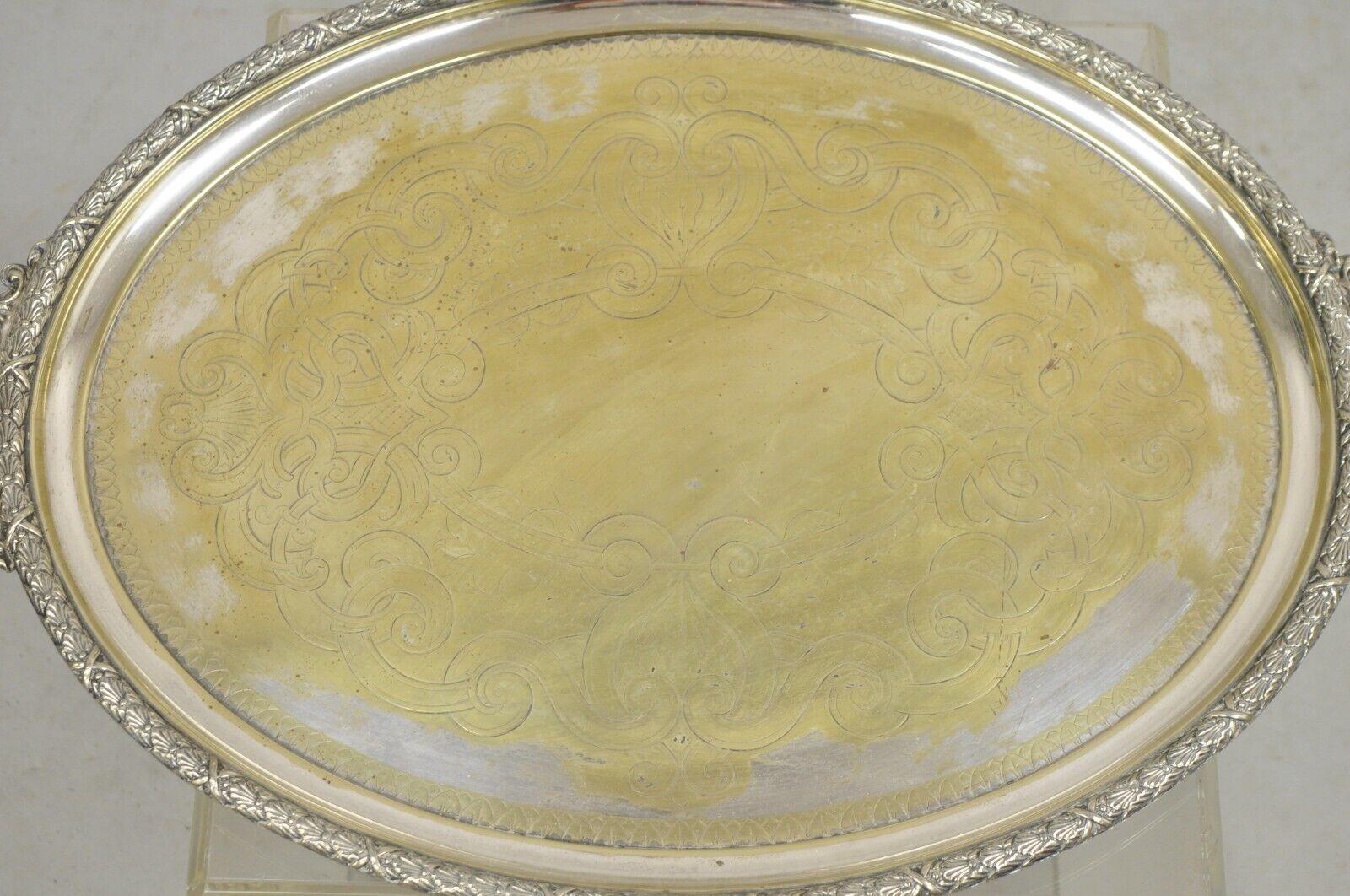 Bandeja ovalada victoriana inglesa antigua con dos asas y bandeja plateada Desconocido en venta