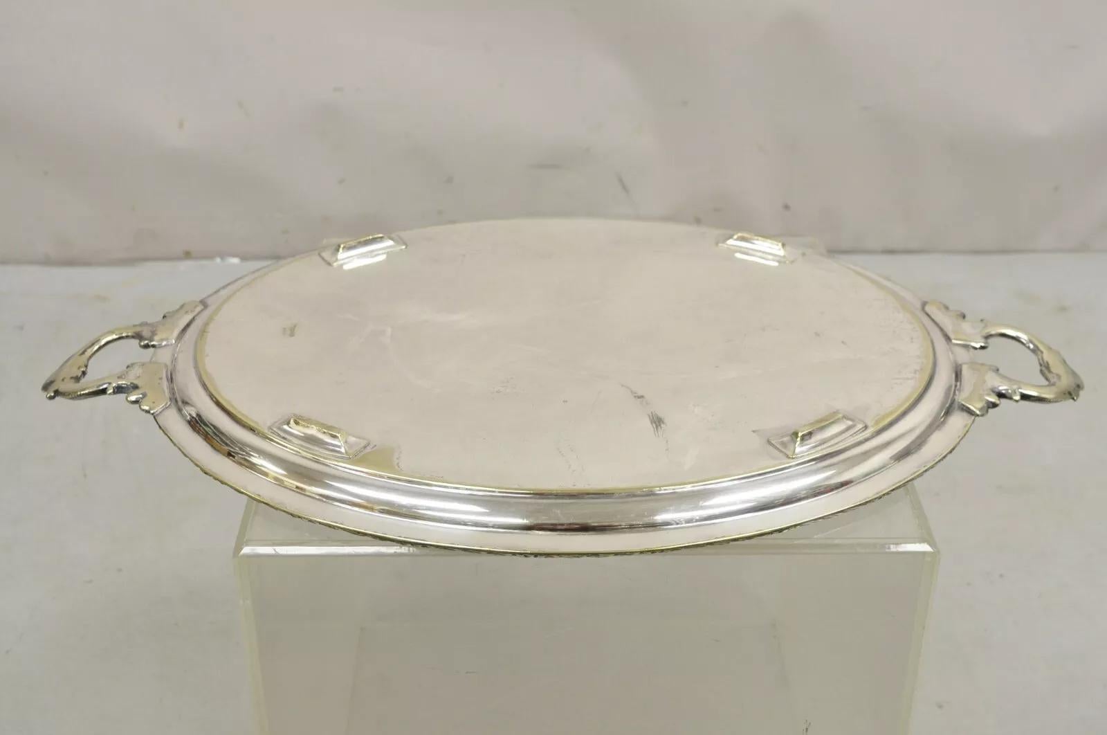 Bandeja ovalada victoriana inglesa antigua con dos asas y bandeja plateada en venta 1