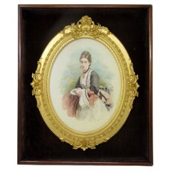 Antique English Victorian Portrait Watercolor Gilt Frame Period Costume Dress
