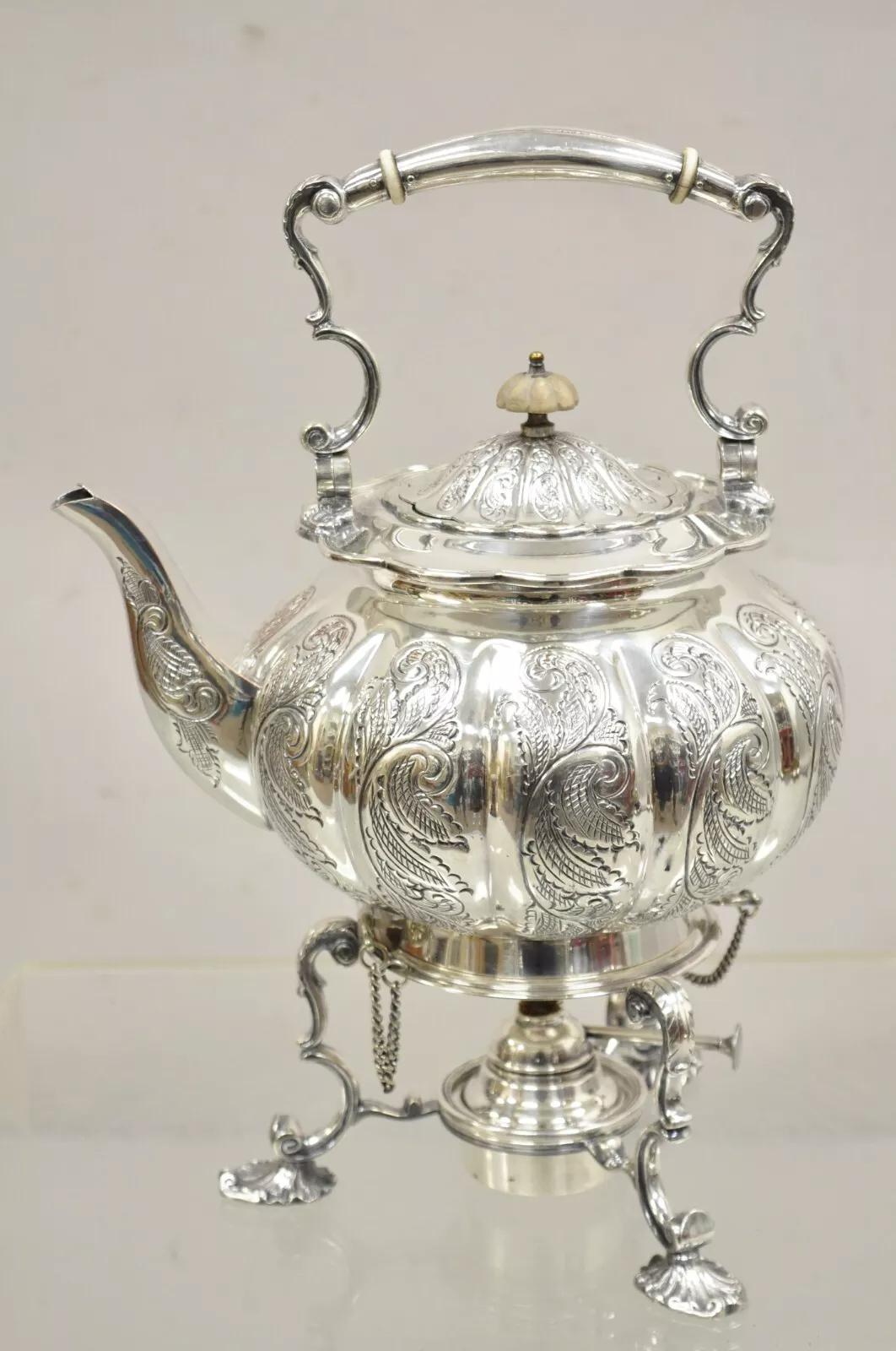 Antico Vittoriano Inglese PS Co. Teiera ribaltabile placcata in argento con base riscaldante in vendita 5