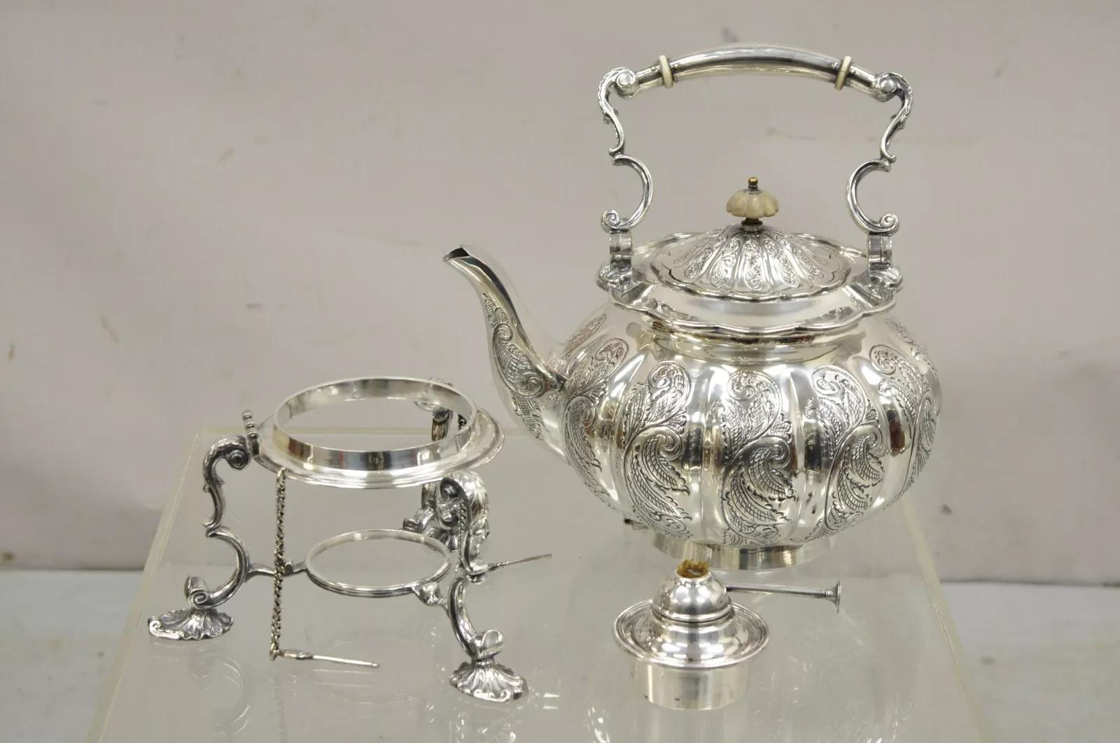 Antico Vittoriano Inglese PS Co. Teiera ribaltabile placcata in argento con base riscaldante in vendita 6
