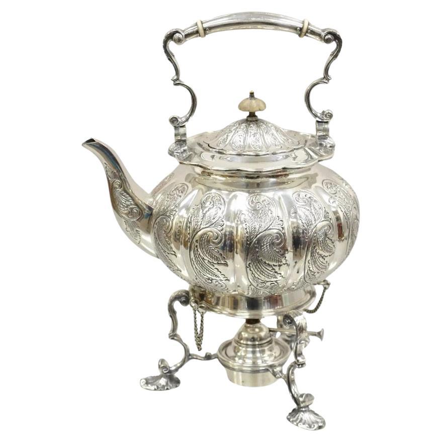 Antique English Victorian PS Co. Silver Plated Tipping Tea Pot on Warming Base