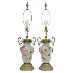 Antique English Victorian Rainbow Glass Hand Painted Birds Table Lamp - a Pair