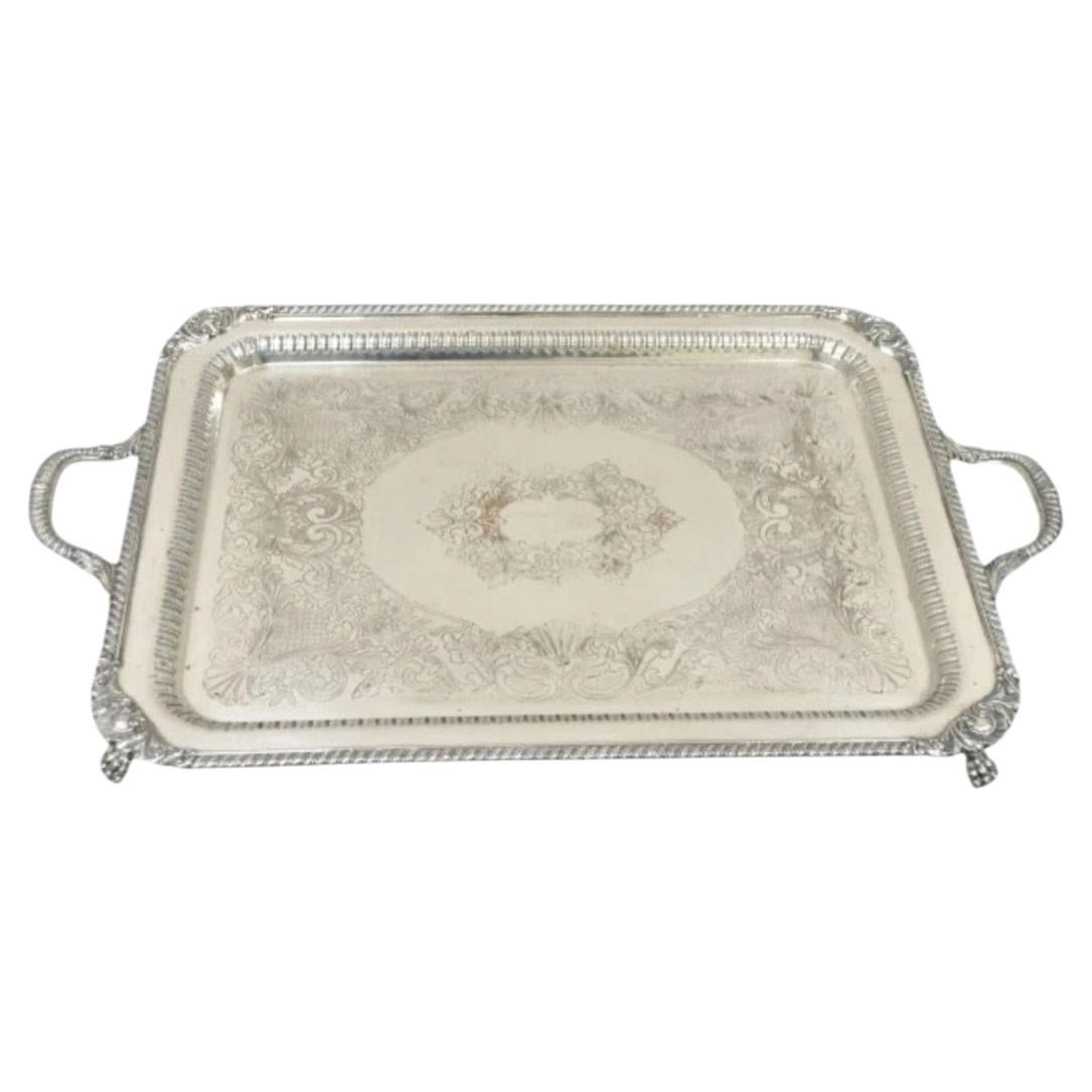 Antique English Victorian Rectangular Silver Plated Platter Bar Tray on Paw Feet
