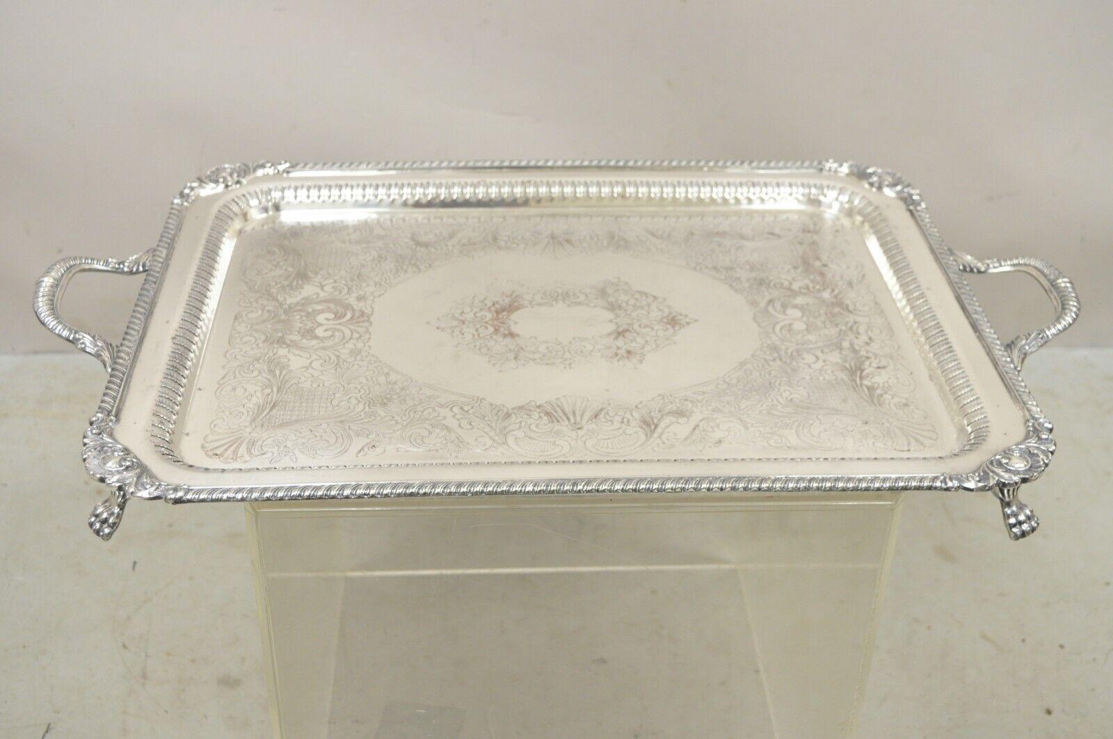 Antique English Victorian Rectangular Silver Plated Platter Tray on Paw Feet. Item featured is raised on lion paw feet, marked 