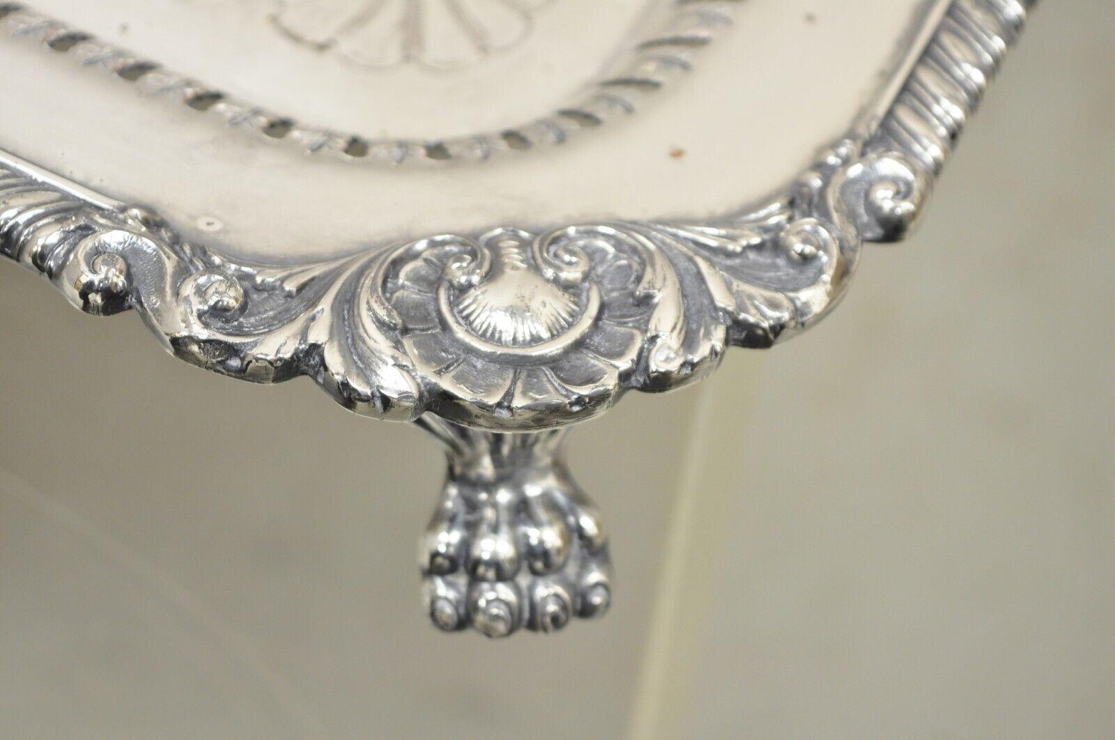 Antique English Victorian Rectangular Silver Plated Platter Tray on Paw Feet In Good Condition For Sale In Philadelphia, PA